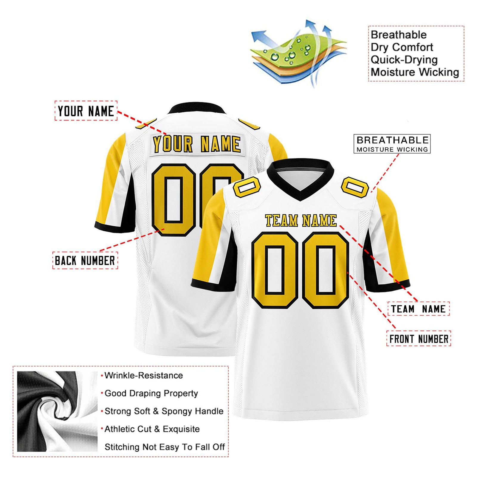 Custom White Gold-Black Color Block Personalized Raglan Sleeves Authentic Football Jersey