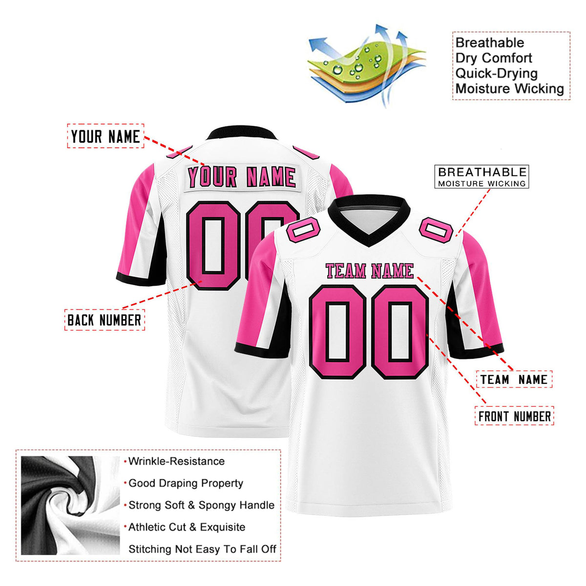Custom White Pink-Black Color Block Personalized Raglan Sleeves Authentic Football Jersey