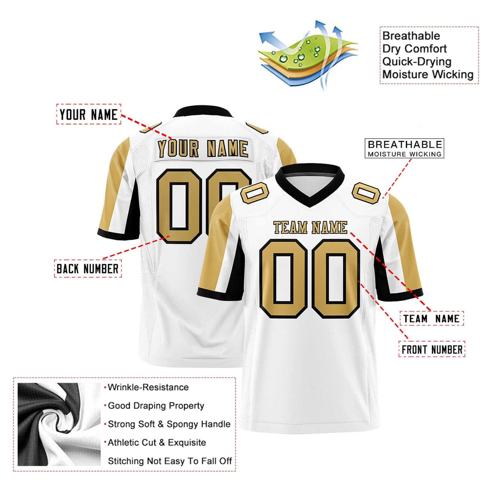Custom White Old Gold-Black Color Block Personalized Raglan Sleeves Authentic Football Jersey