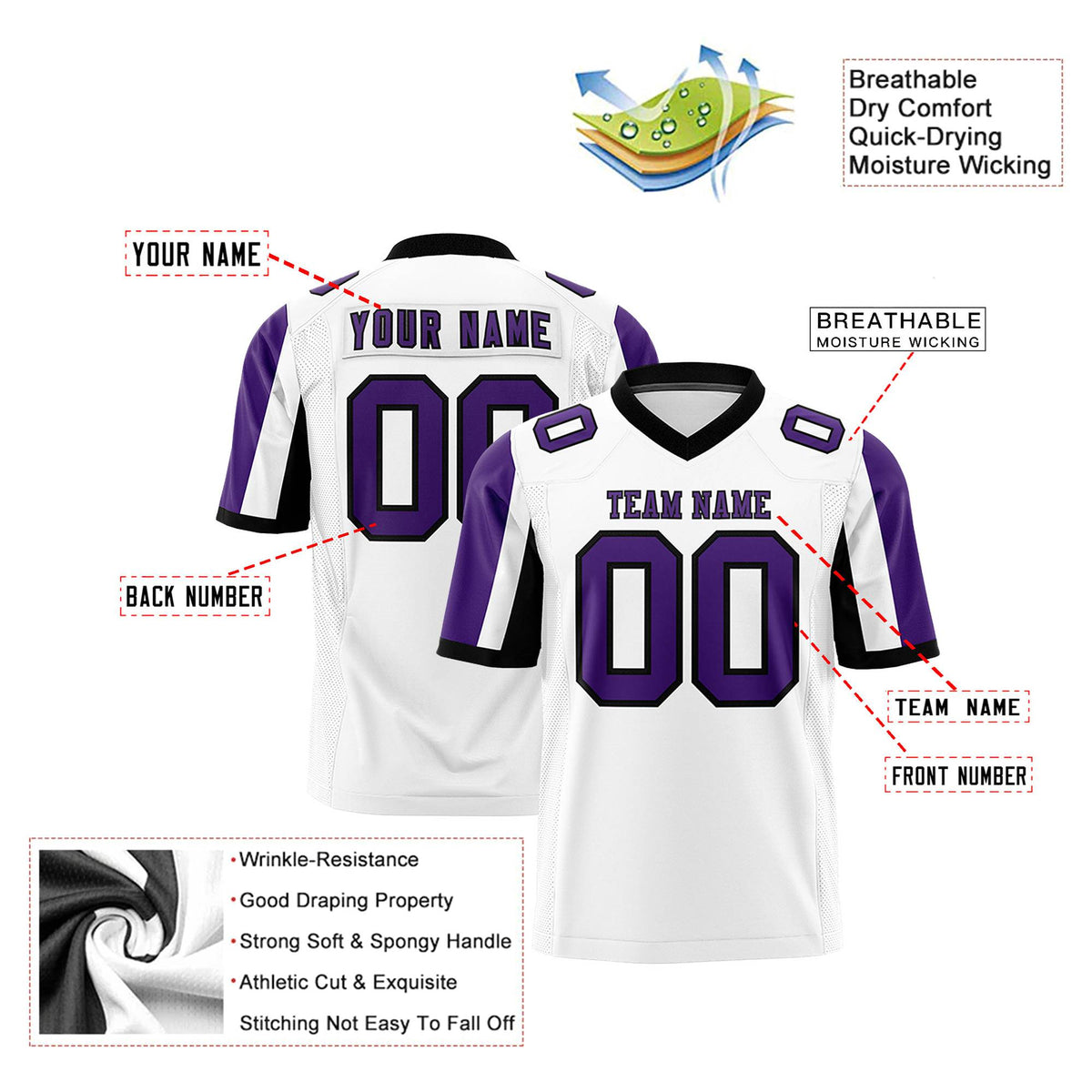 Custom White Purple-Black Color Block Personalized Raglan Sleeves Authentic Football Jersey