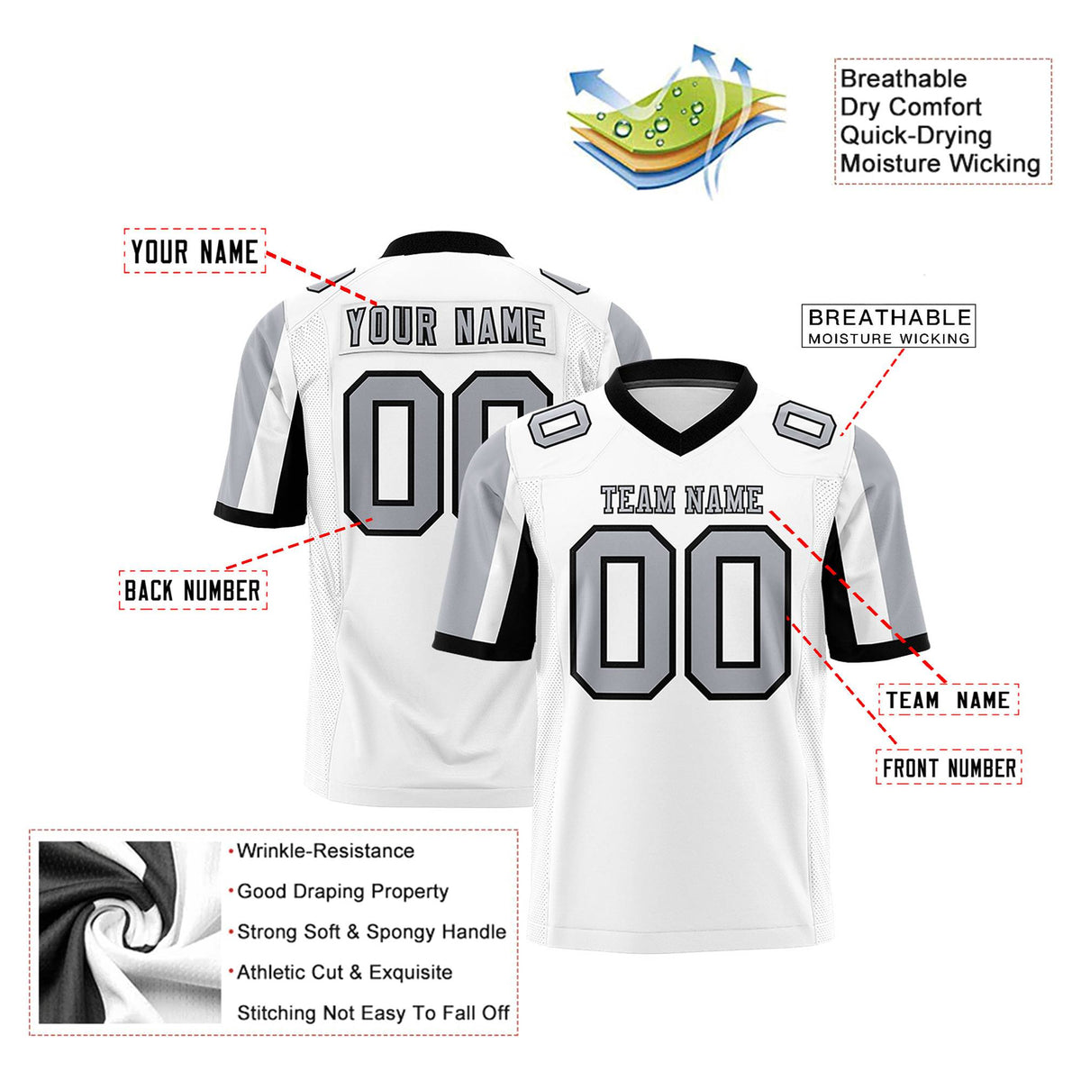Custom White Gray-Black Color Block Personalized Raglan Sleeves Authentic Football Jersey