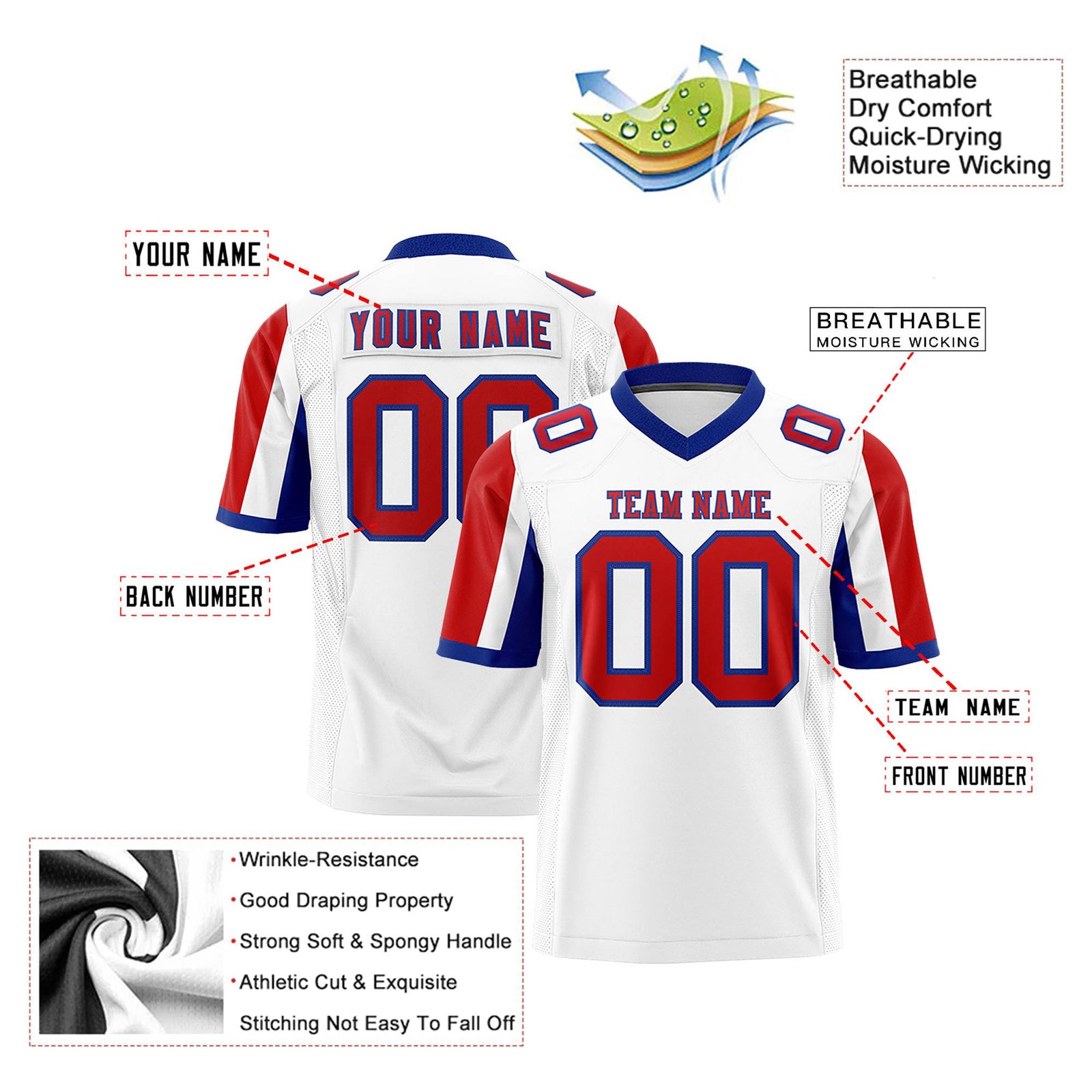 Custom White Red-Royal Blue Color Block Personalized Raglan Sleeves Authentic Football Jersey