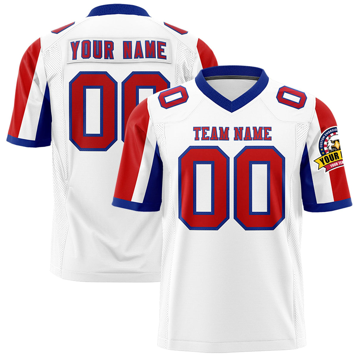 Custom White Red-Royal Blue Color Block Personalized Raglan Sleeves Authentic Football Jersey