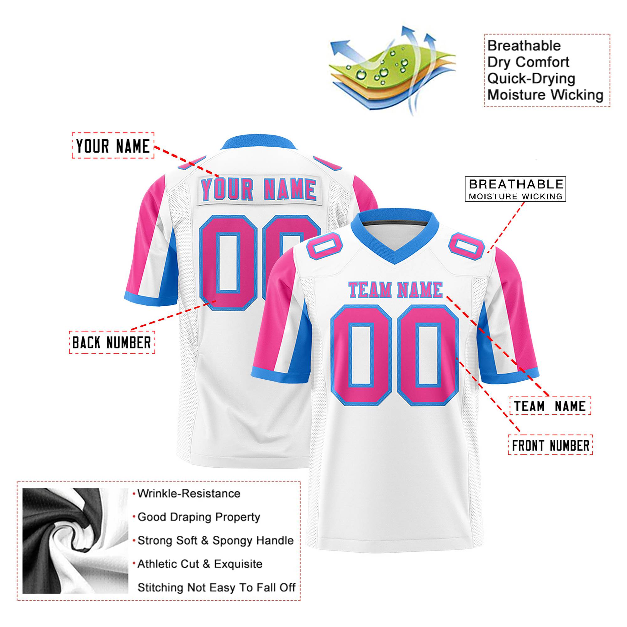 Custom White Pink-Powder Blue Color Block Personalized Raglan Sleeves Authentic Football Jersey