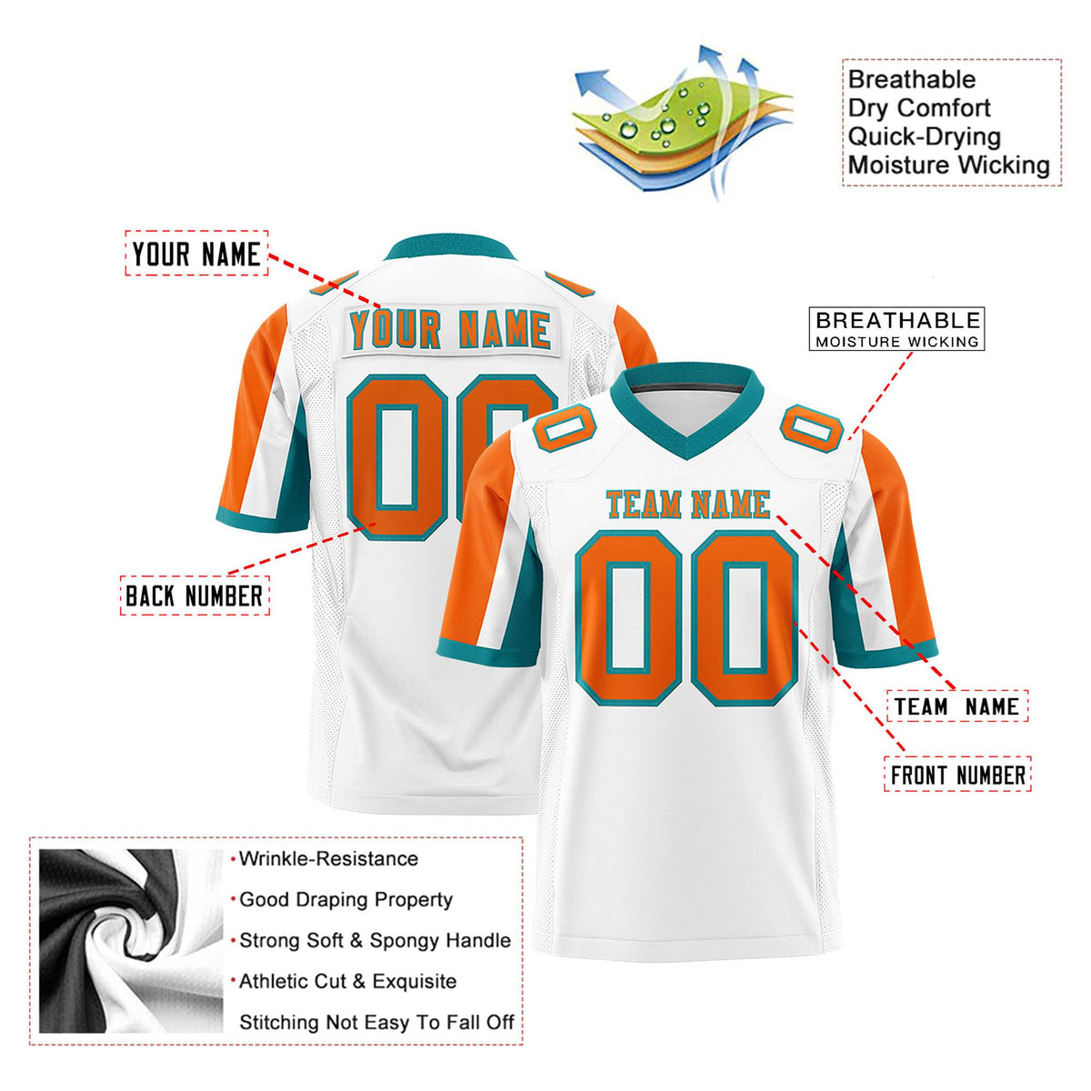 Custom White Orange-Aqua Color Block Personalized Raglan Sleeves Authentic Football Jersey