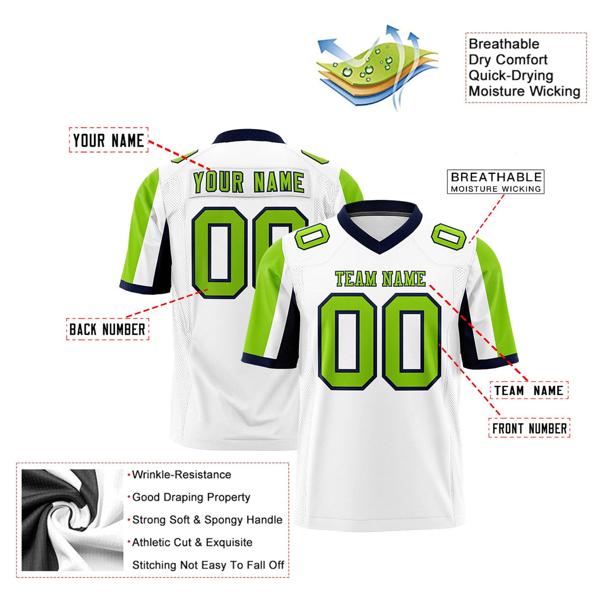 Custom White Neon Green-Navy Color Block Personalized Raglan Sleeves Authentic Football Jersey