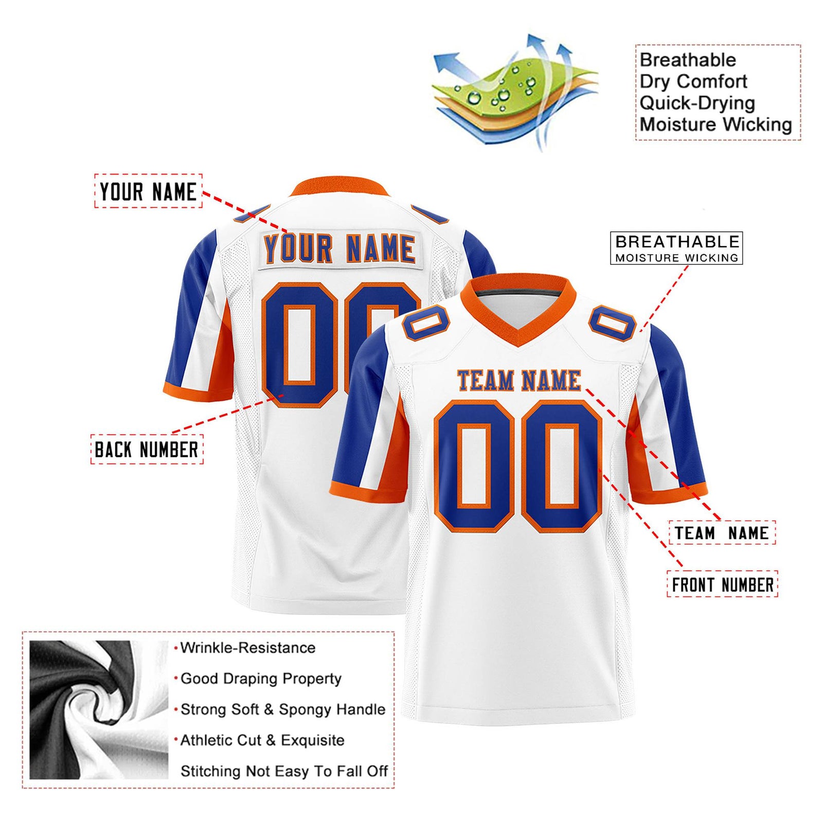 Custom White Royal Blue-Orange Color Block Personalized Raglan Sleeves Authentic Football Jersey