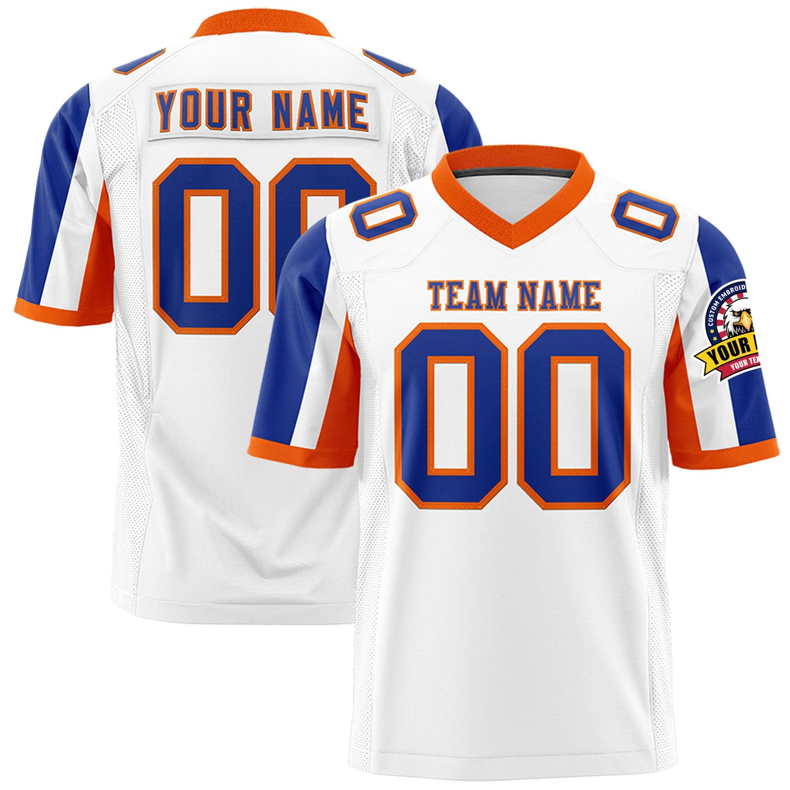 Custom White Royal Blue-Orange Color Block Personalized Raglan Sleeves Authentic Football Jersey