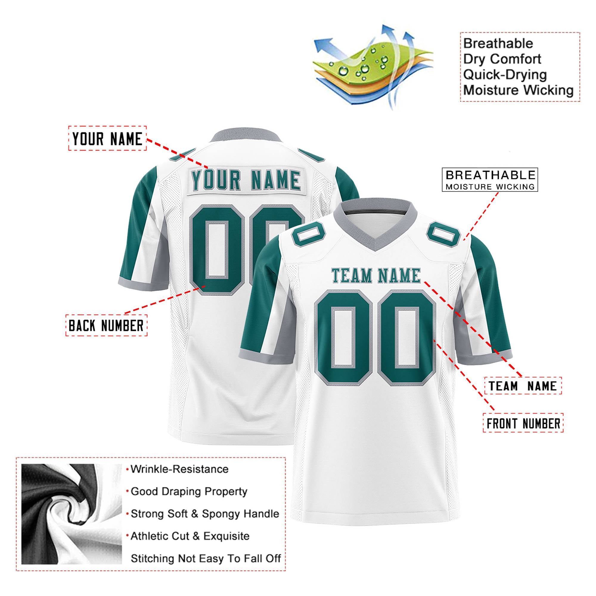 Custom White Aqua-Gray Color Block Personalized Raglan Sleeves Authentic Football Jersey