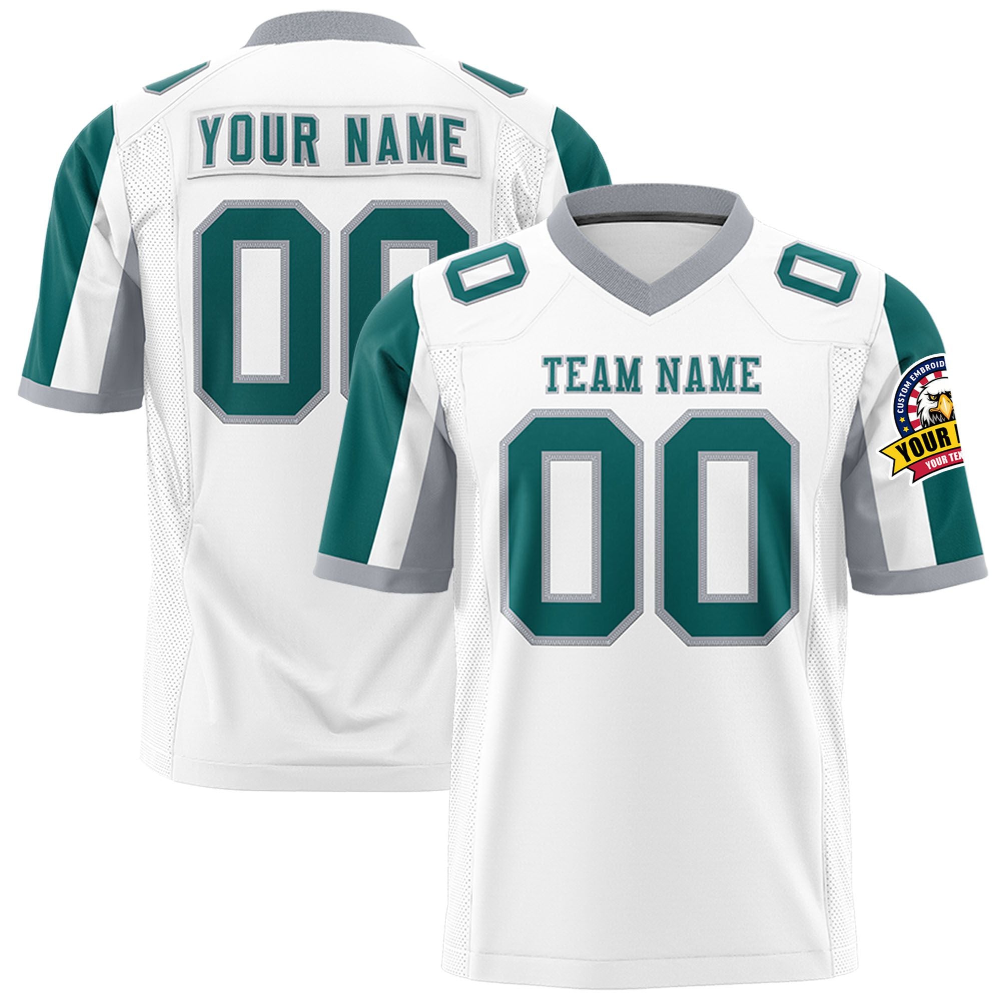 Custom White Aqua-Gray Color Block Personalized Raglan Sleeves Authentic Football Jersey