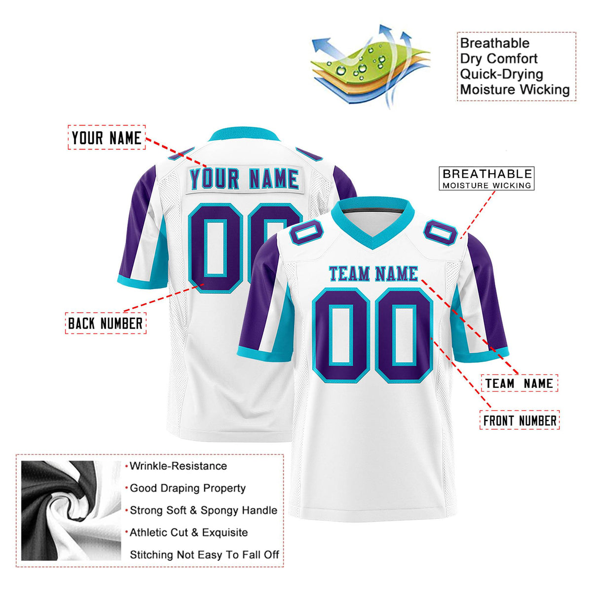Custom White Purple-Aqua Color Block Personalized Raglan Sleeves Authentic Football Jersey