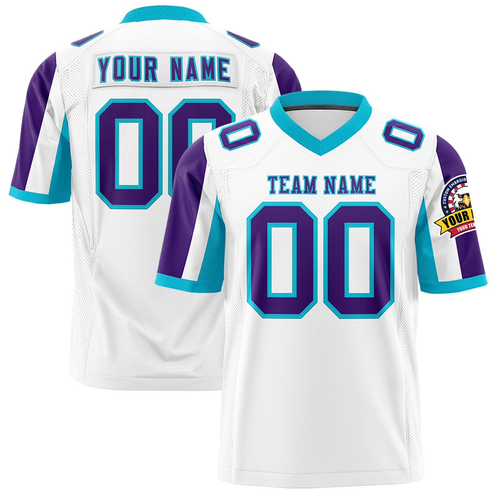 Custom White Purple-Aqua Color Block Personalized Raglan Sleeves Authentic Football Jersey
