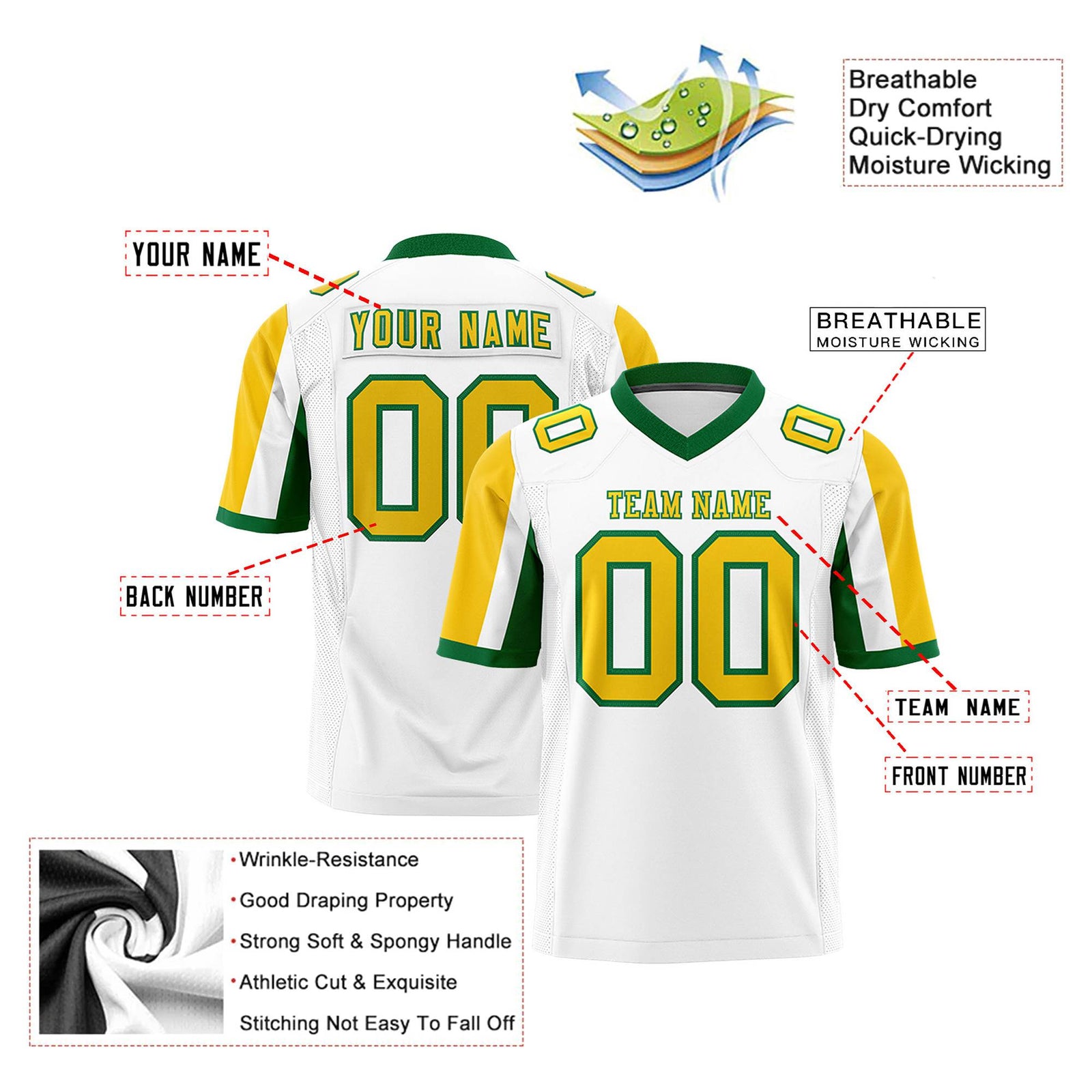 Custom White Gold-Green Color Block Personalized Raglan Sleeves Authentic Football Jersey