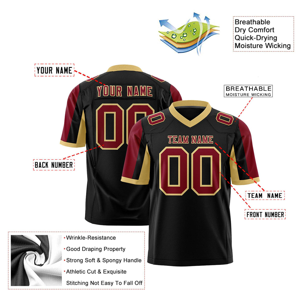 Custom Black Crimson-Old Gold Color Block Personalized Raglan Sleeves Authentic Football Jersey