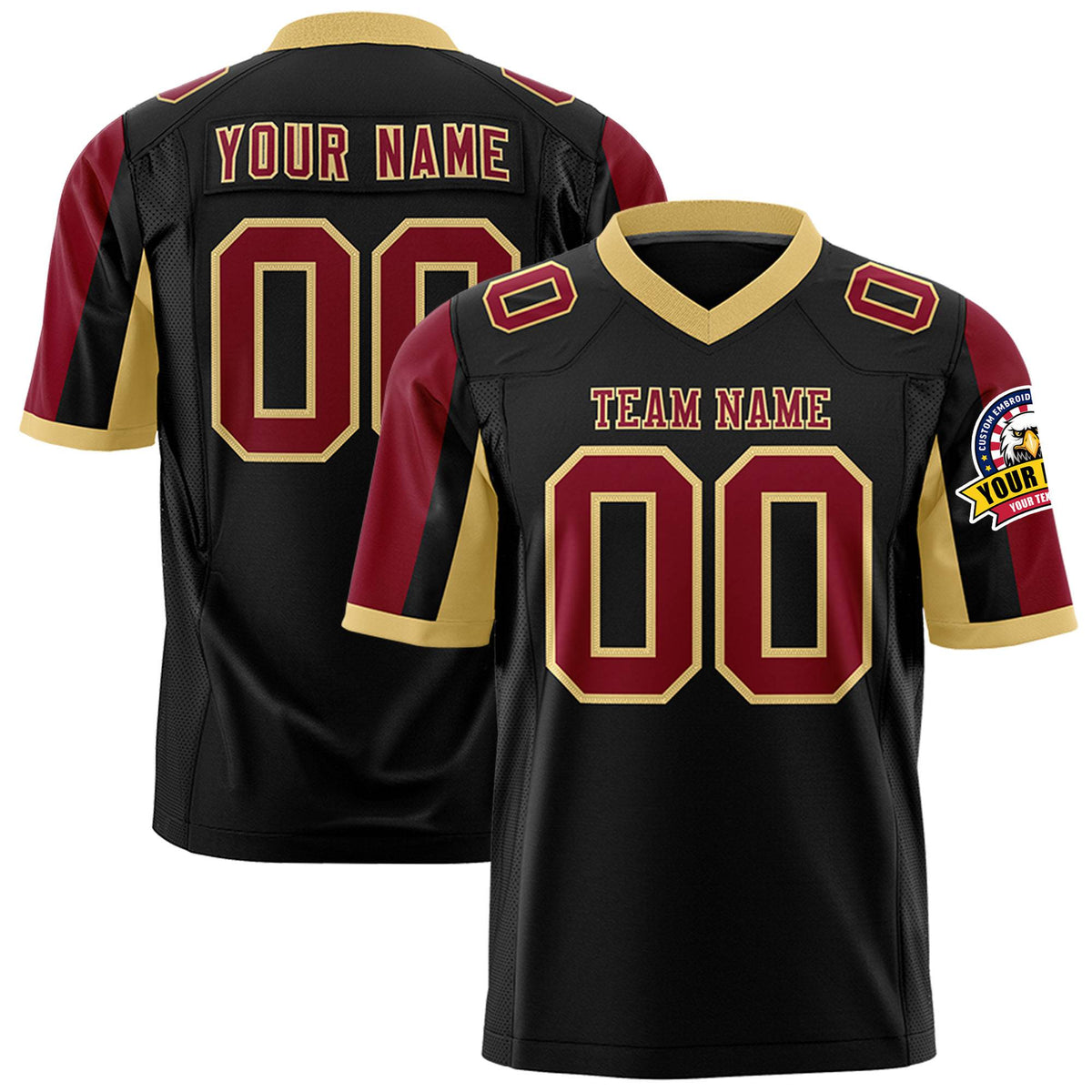 Custom Black Crimson-Old Gold Color Block Personalized Raglan Sleeves Authentic Football Jersey