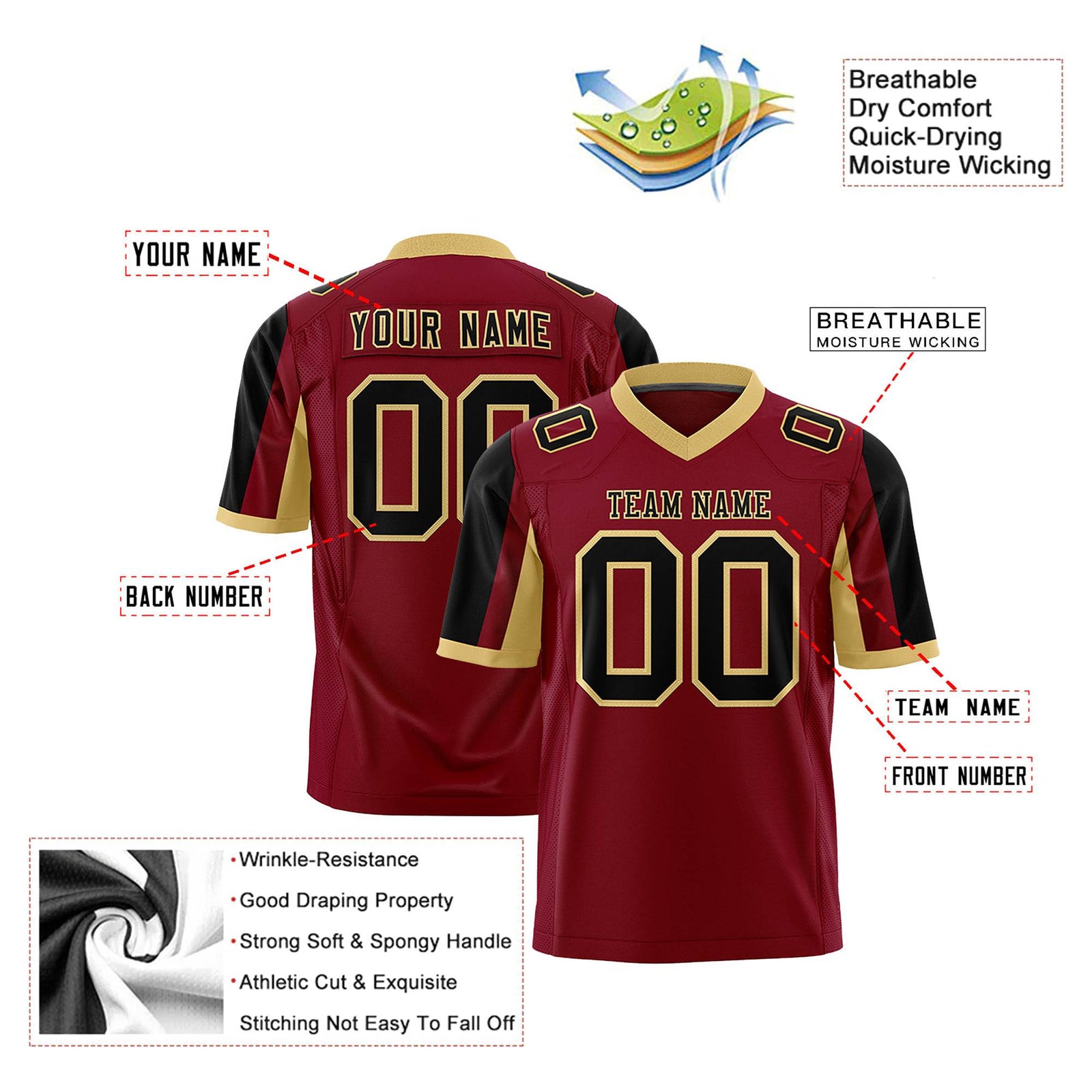 Custom Crimson Black-Old Gold Color Block Personalized Raglan Sleeves Authentic Football Jersey