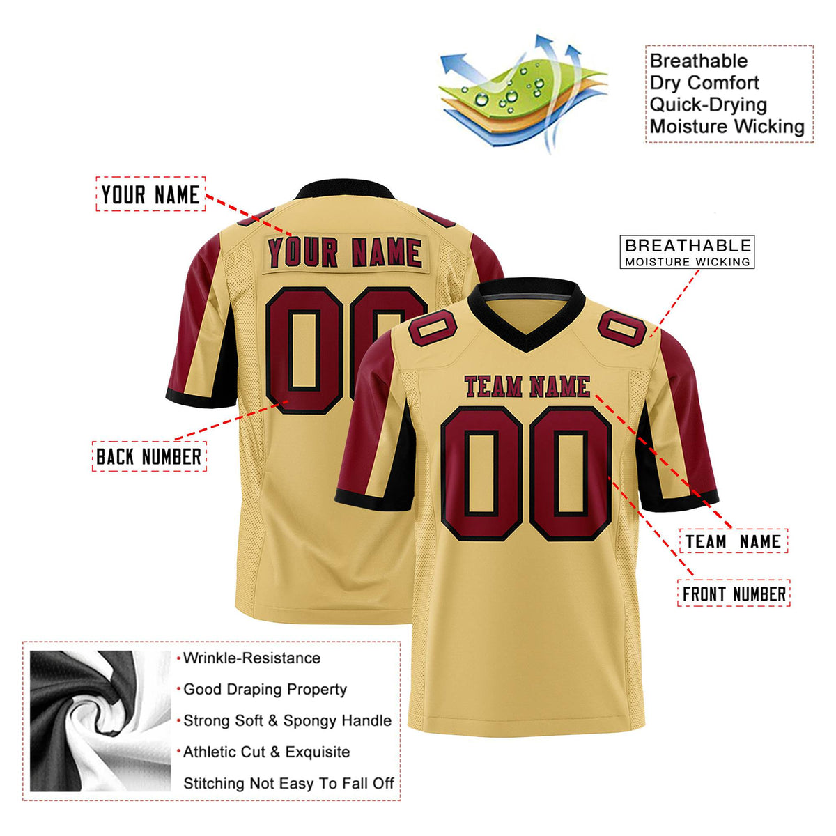 Custom Old Gold Crimson-Black Color Block Personalized Raglan Sleeves Authentic Football Jersey