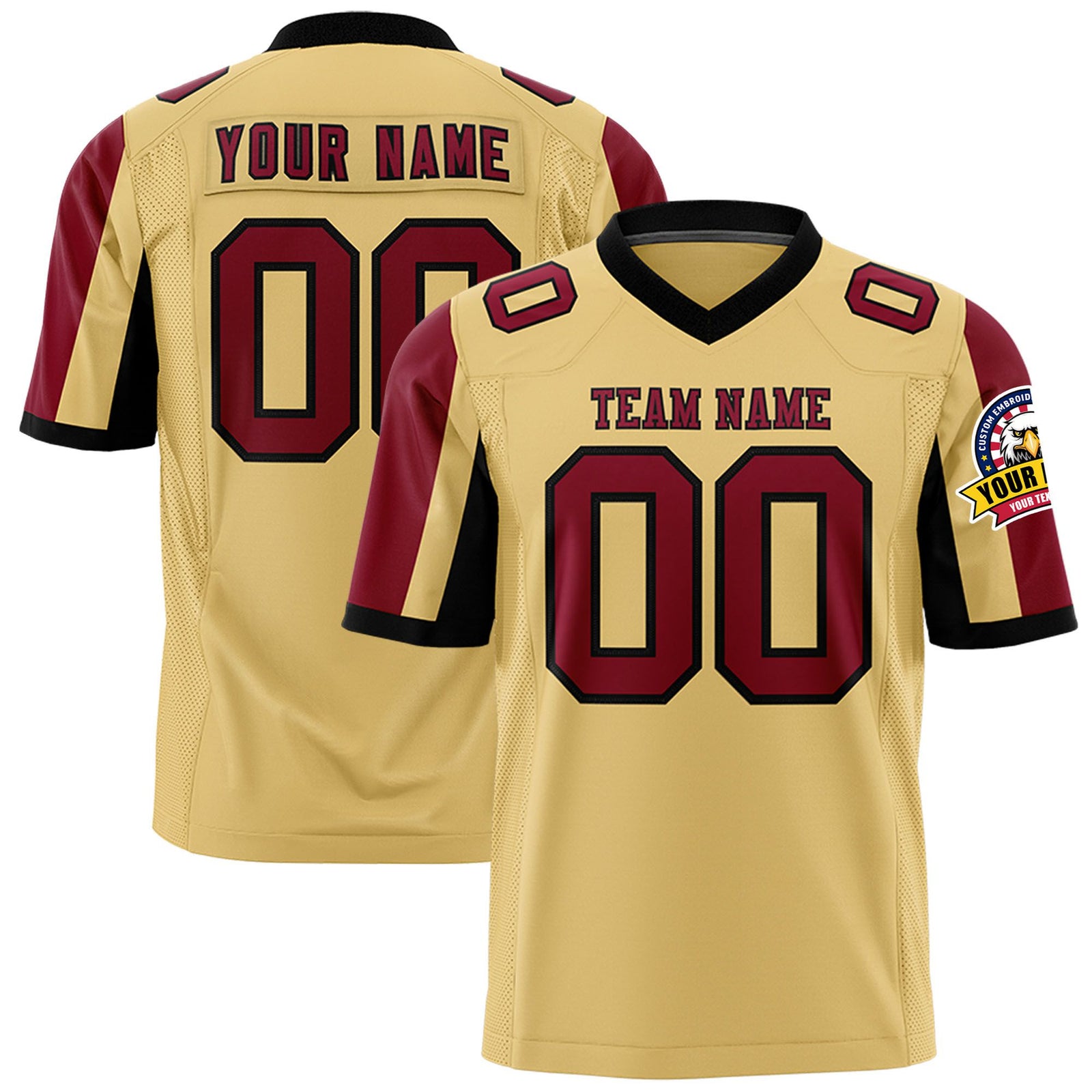 Custom Old Gold Crimson-Black Color Block Personalized Raglan Sleeves Authentic Football Jersey