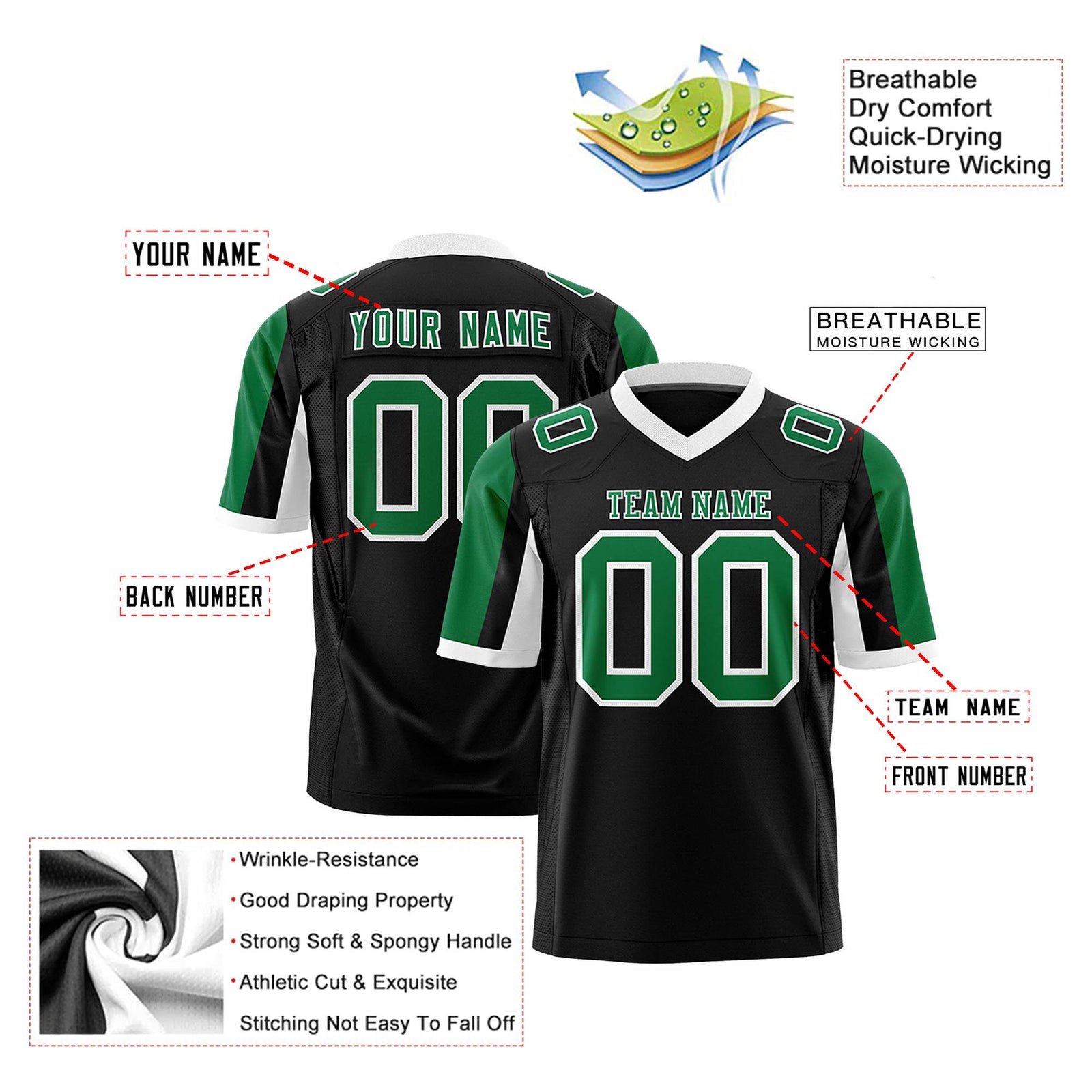 Custom Black Kelly Green-White Color Block Personalized Raglan Sleeves Authentic Football Jersey