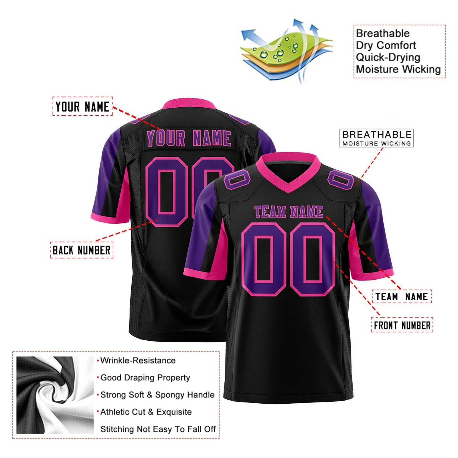 Custom Black Purple-Pink Color Block Personalized Raglan Sleeves Authentic Football Jersey
