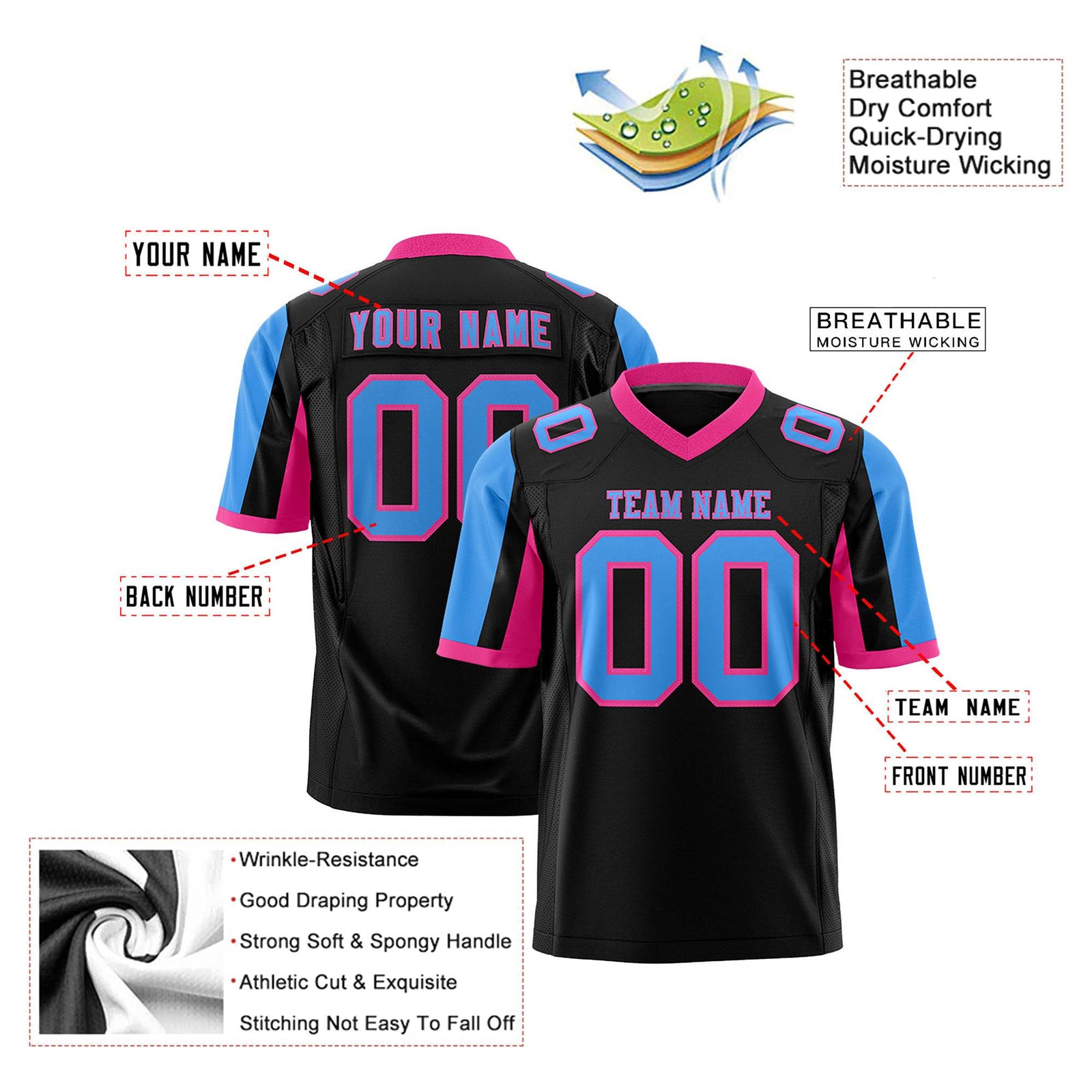 Custom Black Powder Blue-Pink Color Block Personalized Raglan Sleeves Authentic Football Jersey