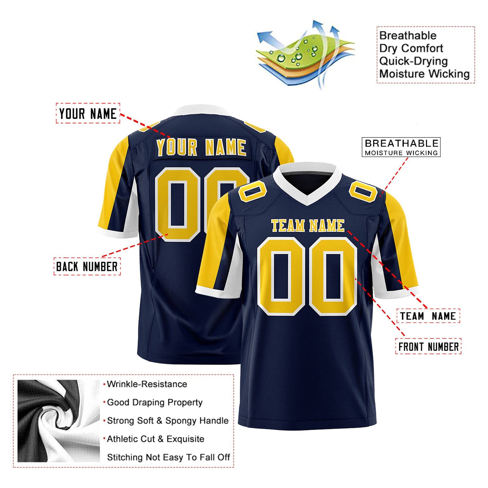 Custom Navy Gold-White Color Block Personalized Raglan Sleeves Authentic Football Jersey