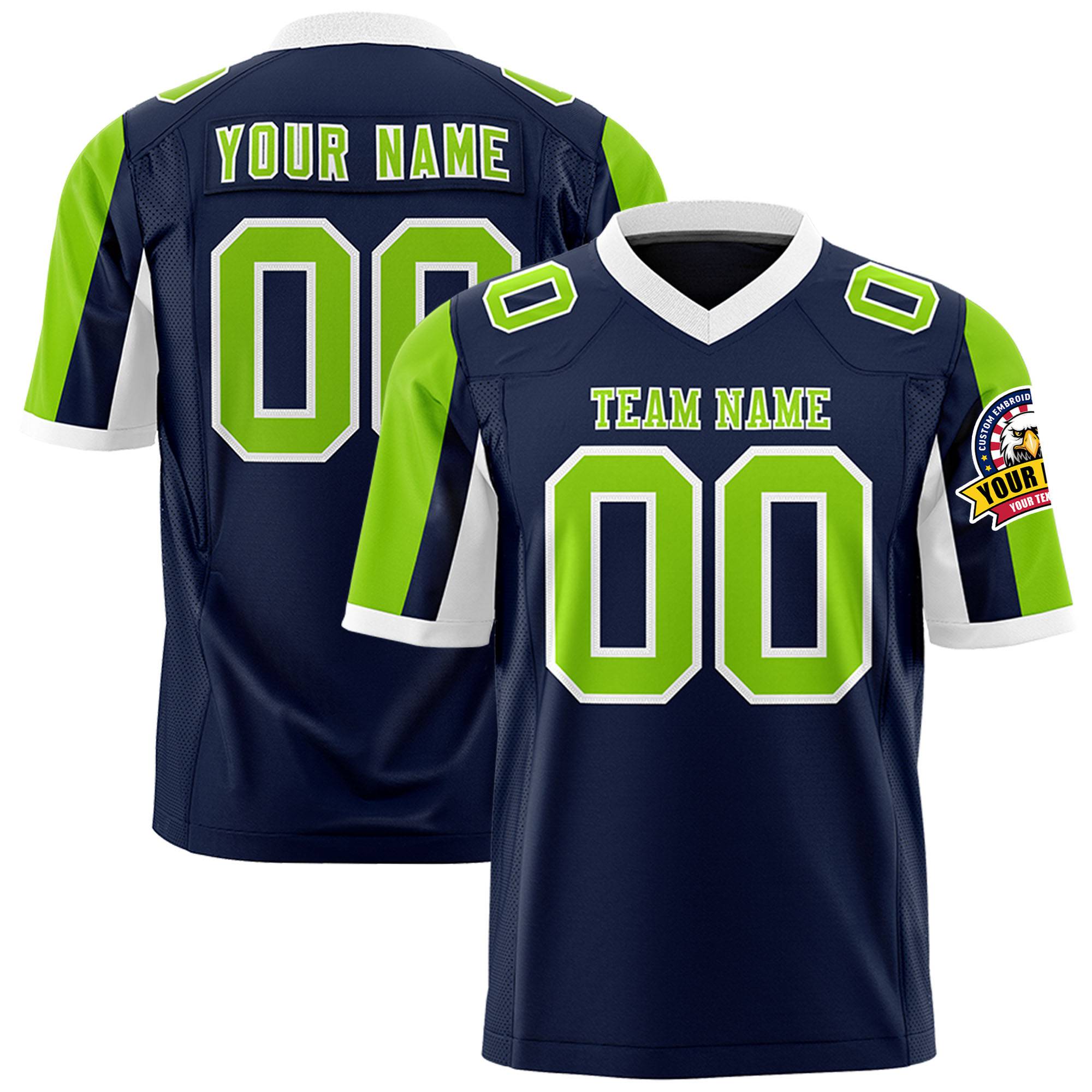 Custom Navy Neon Green-White Color Block Personalized Raglan Sleeves Authentic Football Jersey