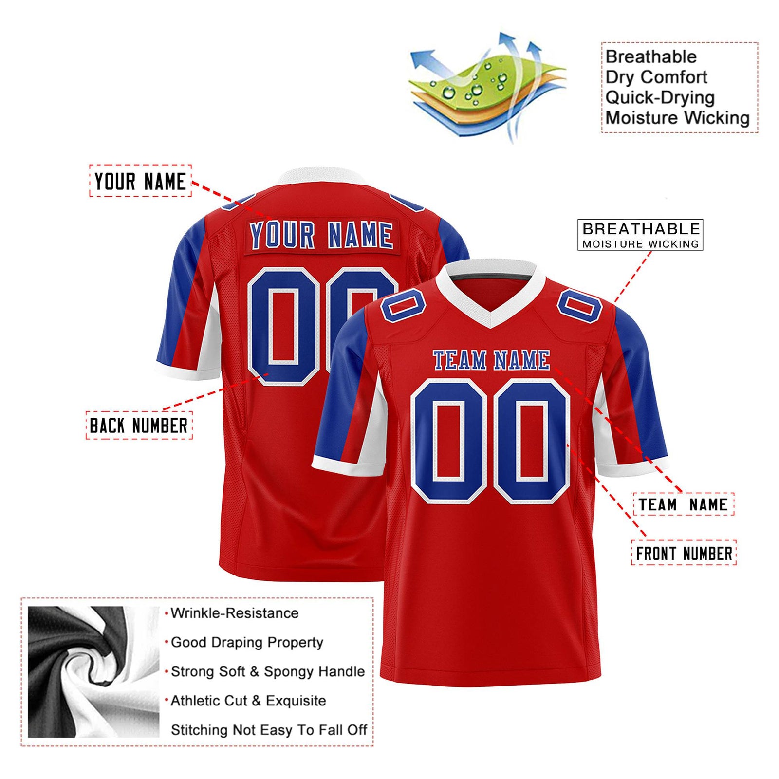 Custom Red Royal Blue-White Color Block Personalized Raglan Sleeves Authentic Football Jersey