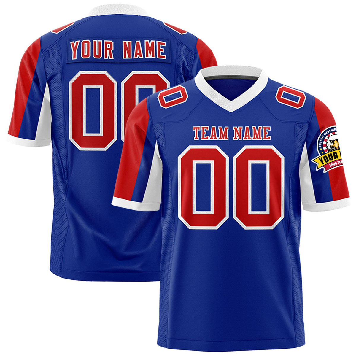 Custom Royal Blue Red-White Color Block Personalized Raglan Sleeves Authentic Football Jersey