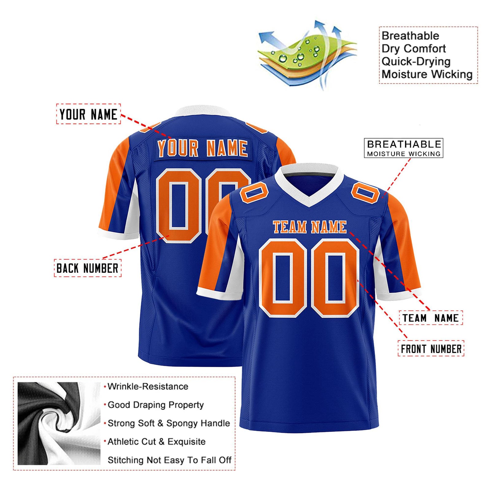 Custom Royal Blue Orange-White Color Block Personalized Raglan Sleeves Authentic Football Jersey