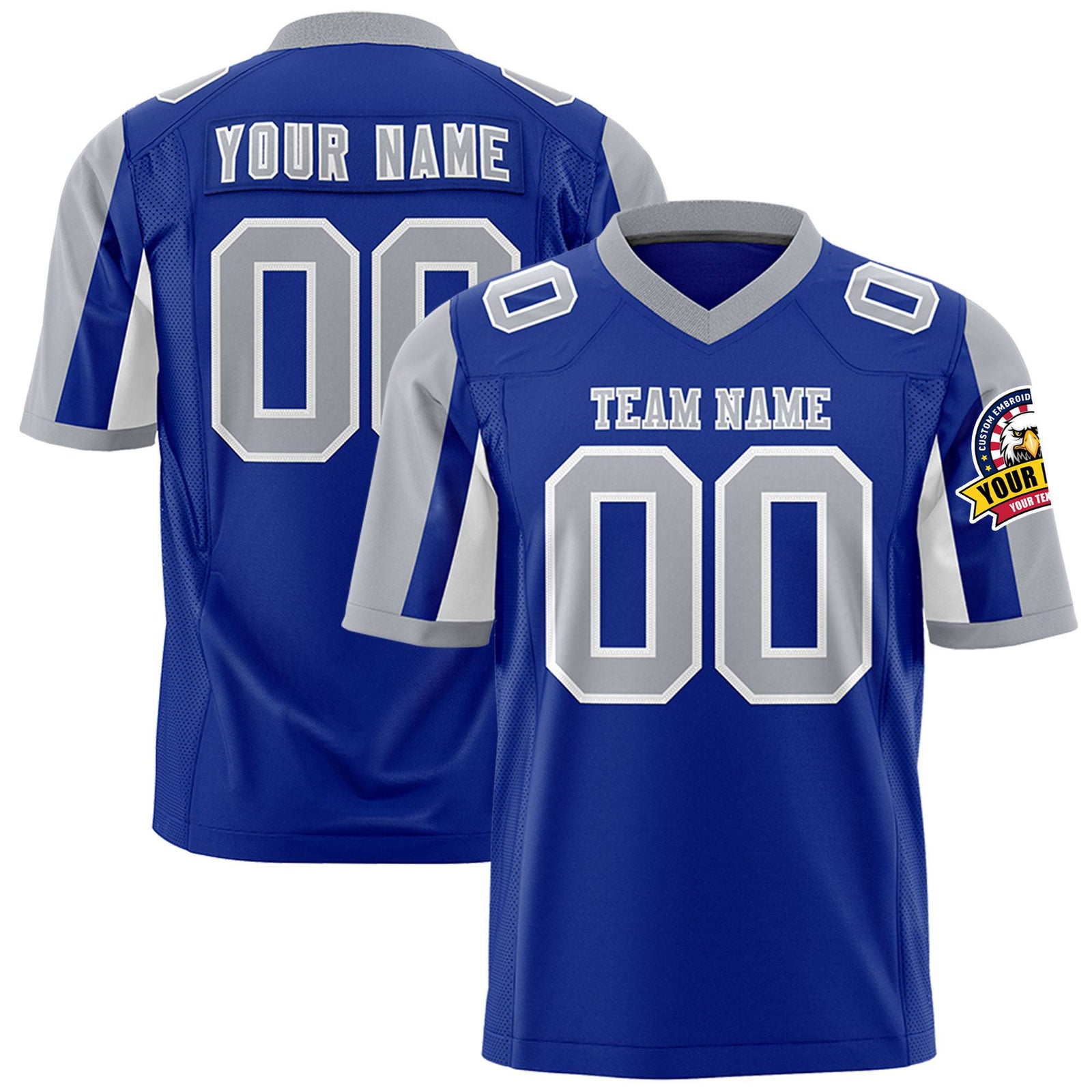 Custom Royal Blue Gray-White Color Block Personalized Raglan Sleeves Authentic Football Jersey