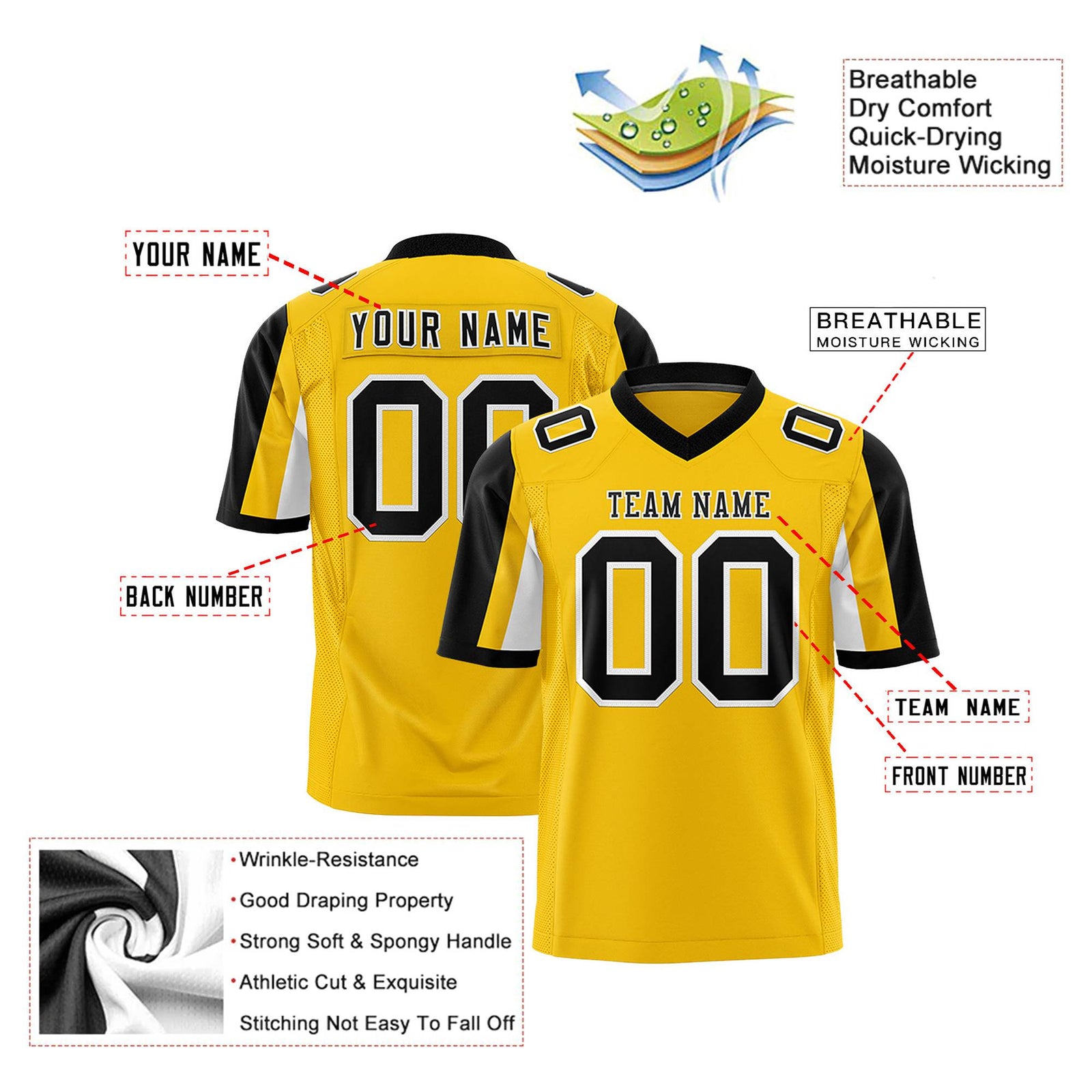 Custom Gold Black-White Color Block Personalized Raglan Sleeves Authentic Football Jersey