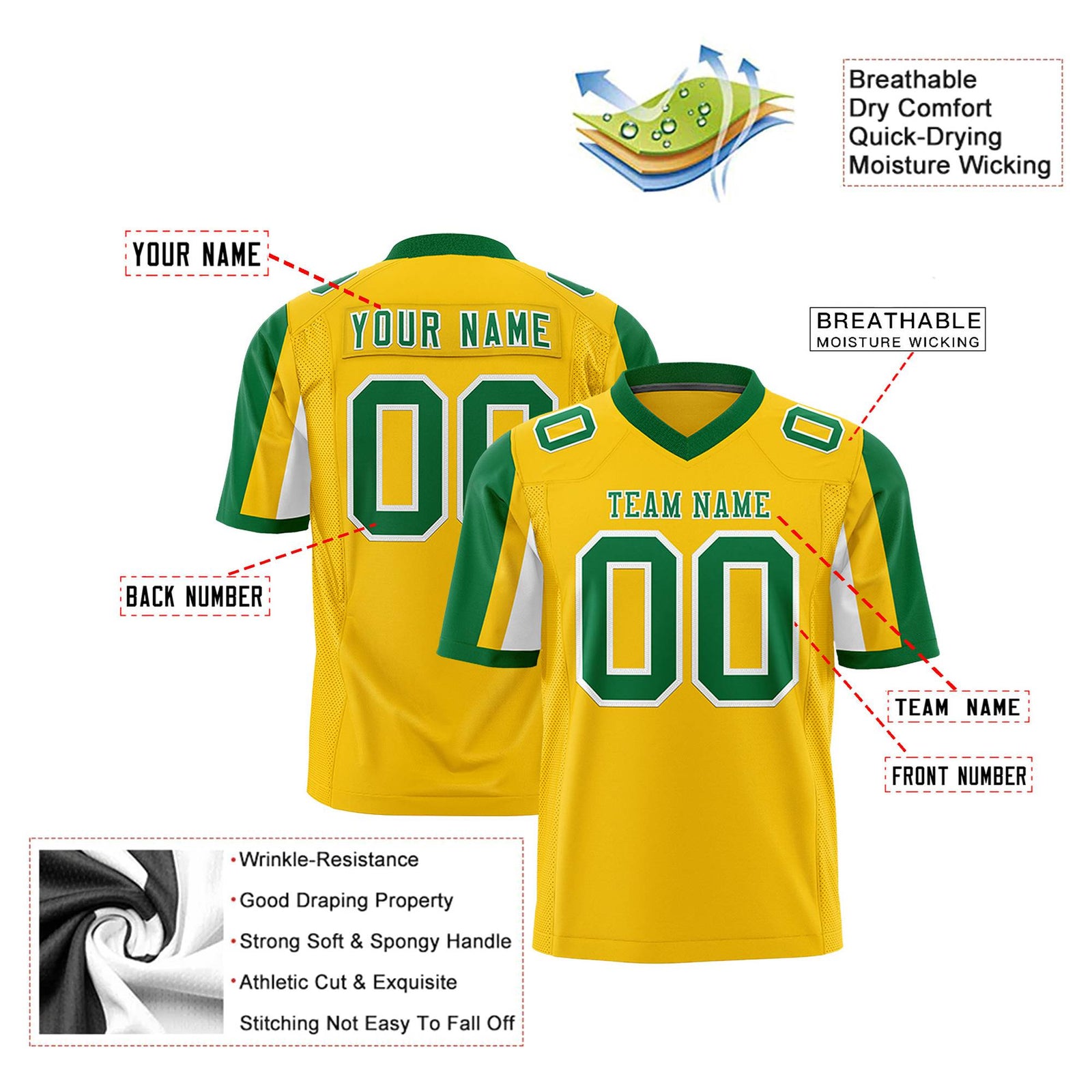 Custom Gold Kelly Green-White Color Block Personalized Raglan Sleeves Authentic Football Jersey