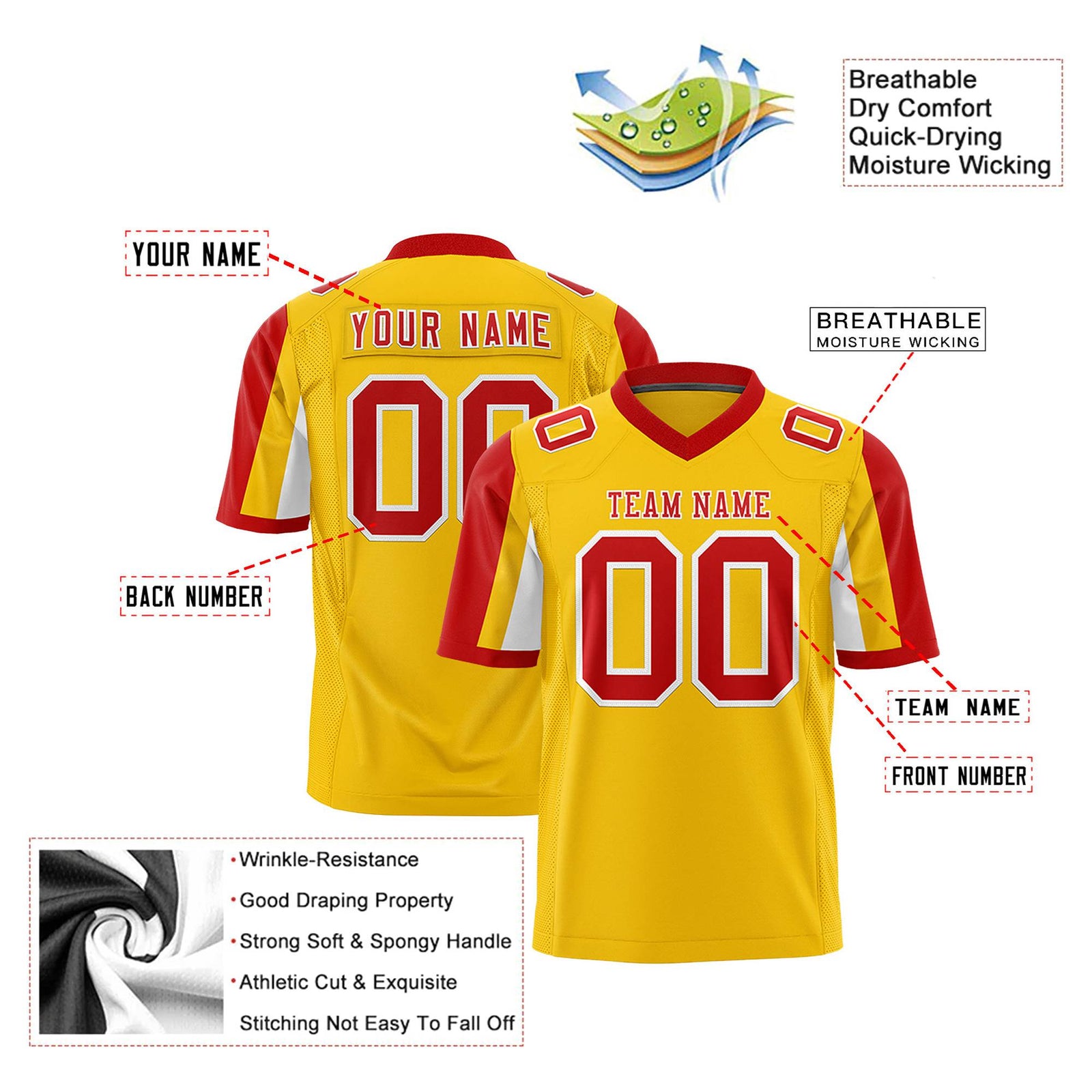Custom Gold Red-White Color Block Personalized Raglan Sleeves Authentic Football Jersey