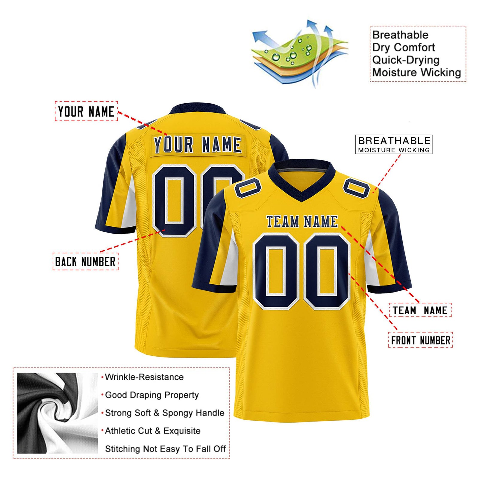 Custom Gold Navy-White Color Block Personalized Raglan Sleeves Authentic Football Jersey