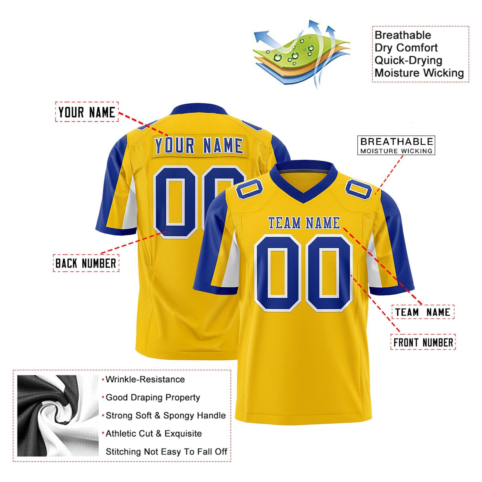 Custom Gold Royal Blue-White Color Block Personalized Raglan Sleeves Authentic Football Jersey