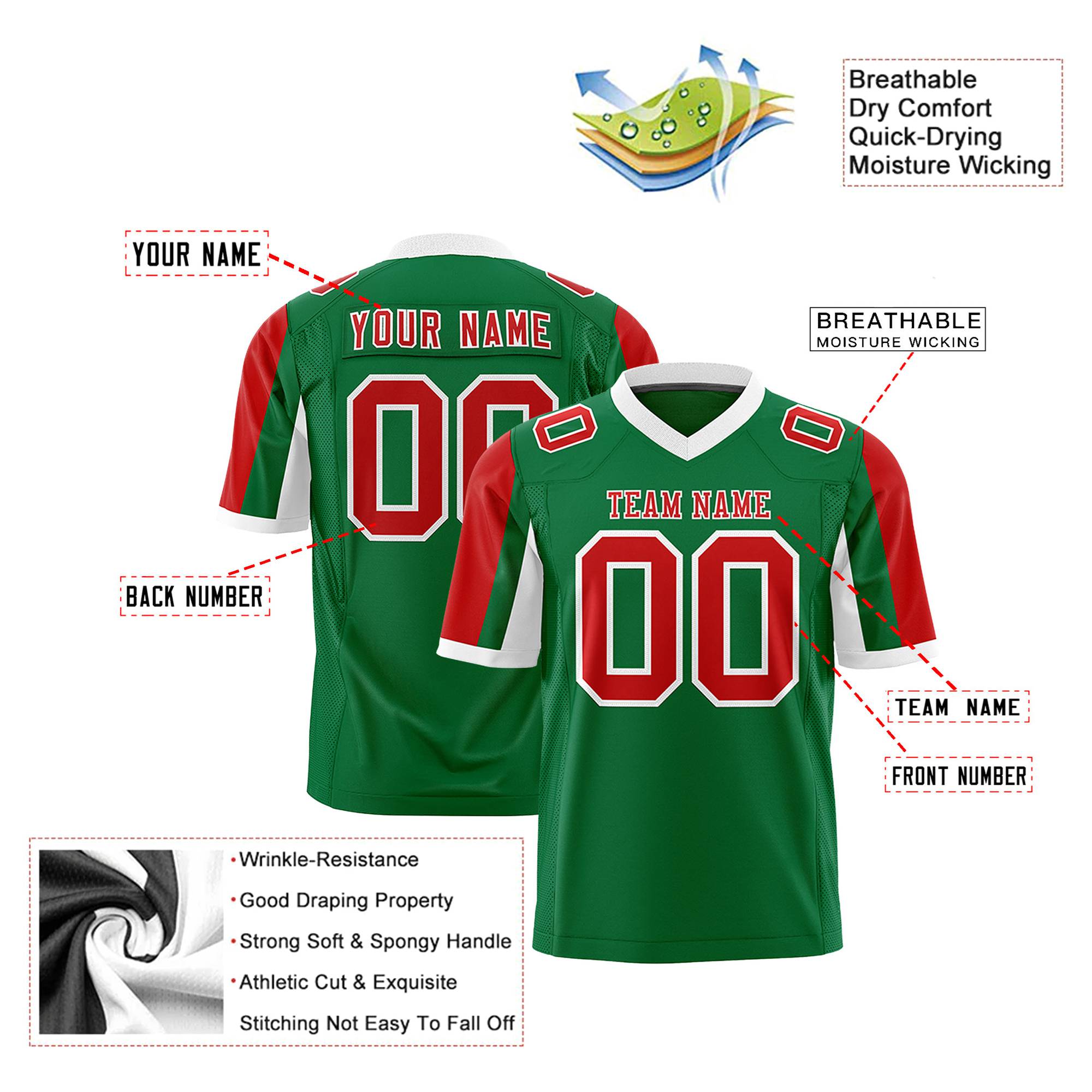 Custom Kelly Green Red-White Color Block Personalized Raglan Sleeves Authentic Football Jersey