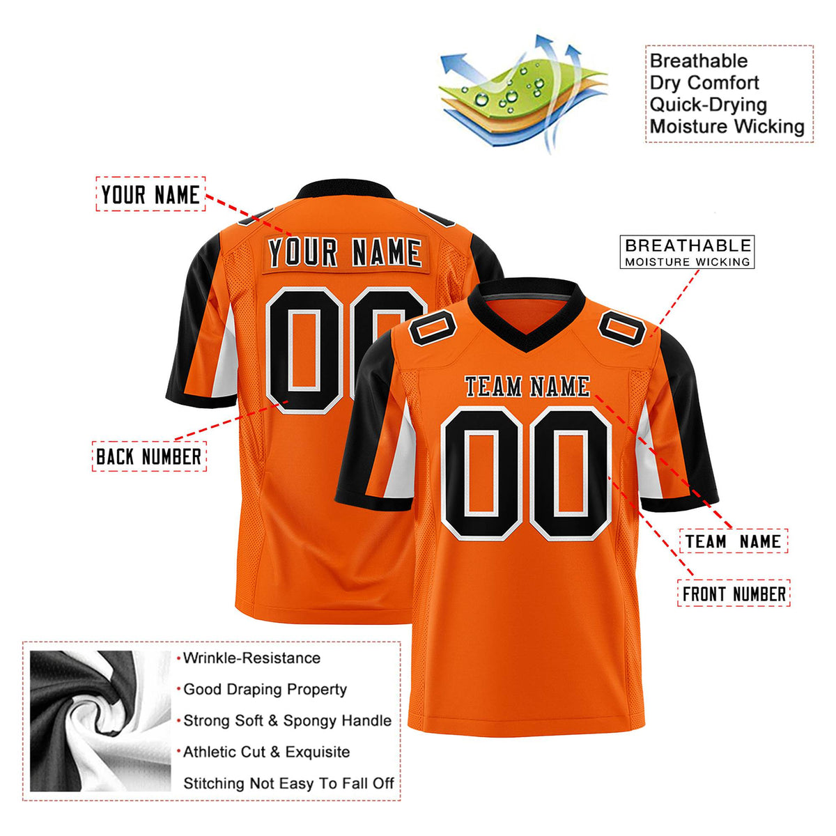 Custom Orange Black-White Color Block Personalized Raglan Sleeves Authentic Football Jersey