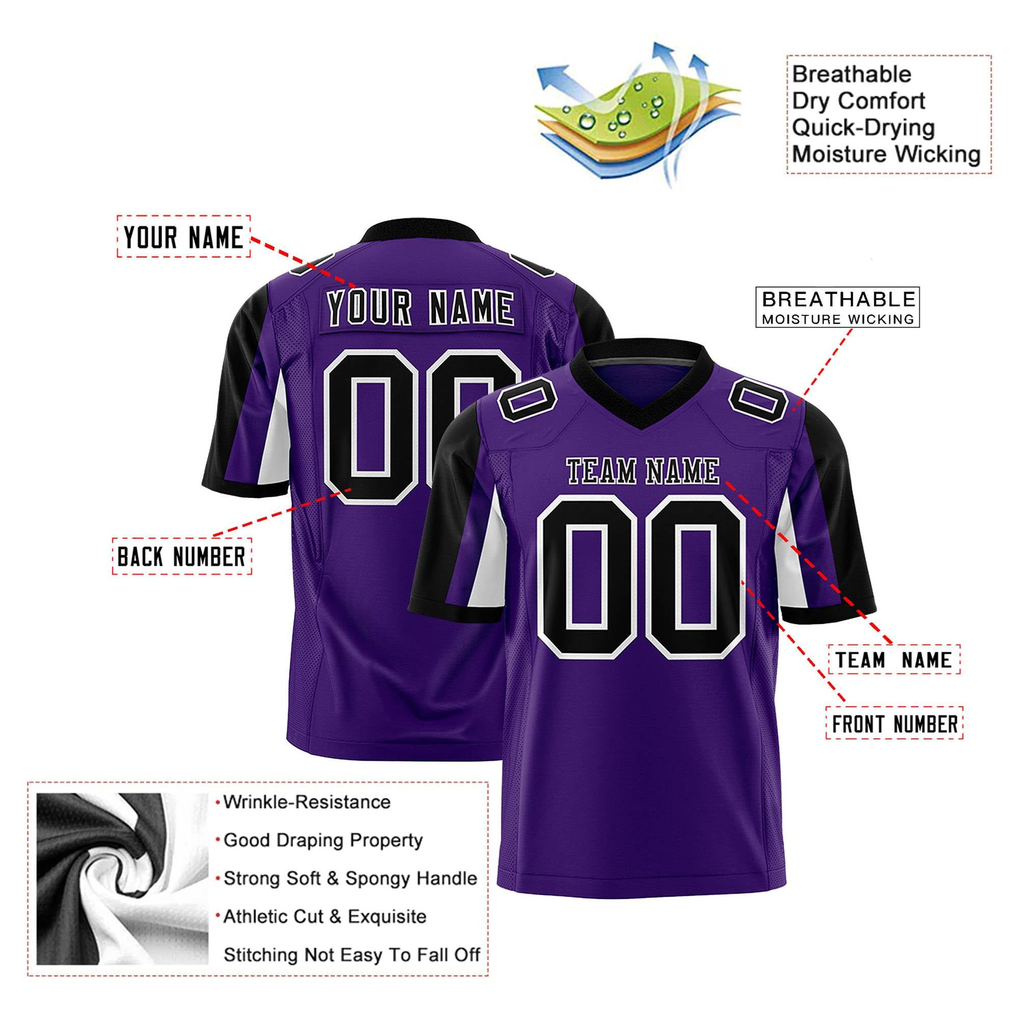 Custom Purple Black-White Color Block Personalized Raglan Sleeves Authentic Football Jersey