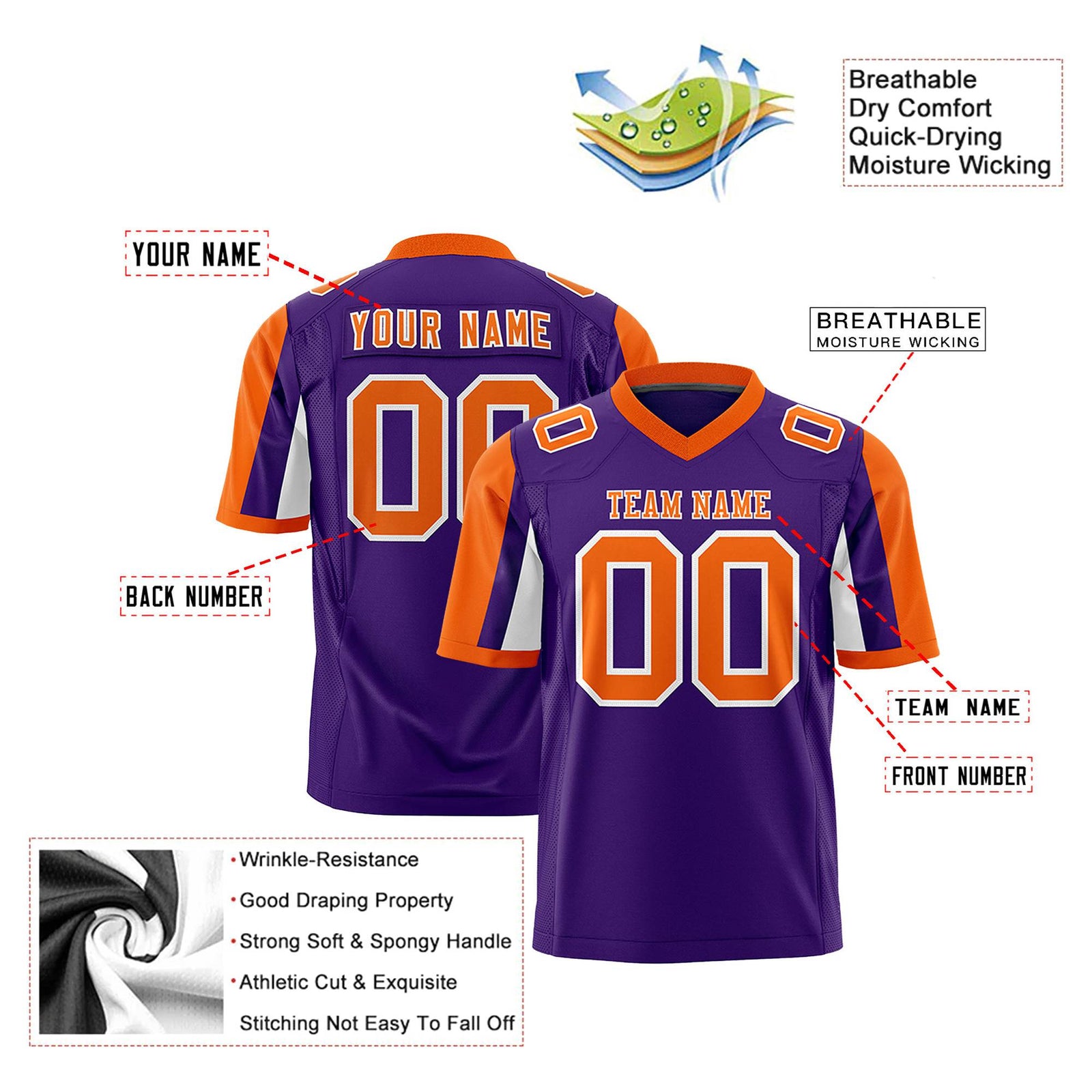 Custom Purple Orange-White Color Block Personalized Raglan Sleeves Authentic Football Jersey