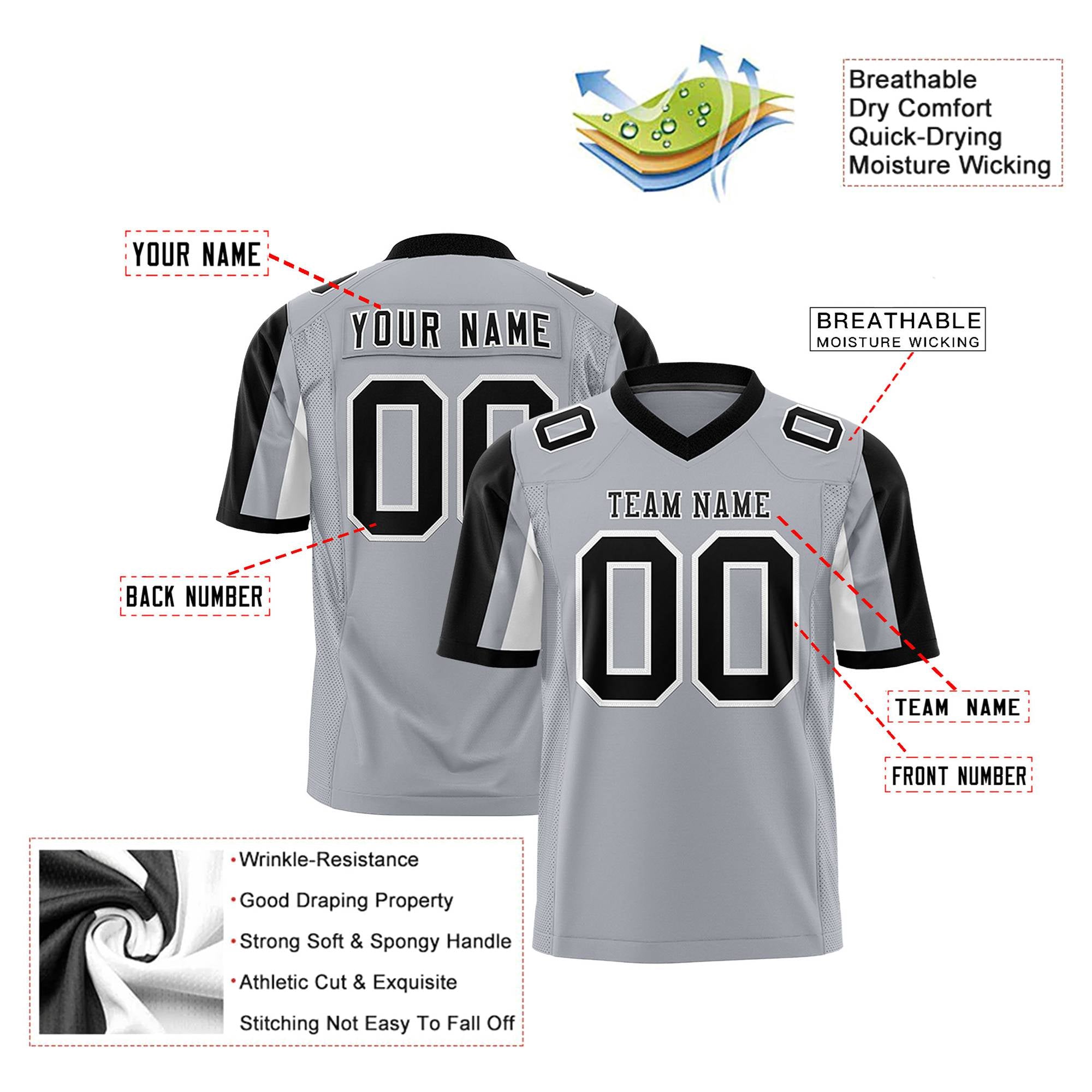 Custom Gray Black-White Color Block Personalized Raglan Sleeves Authentic Football Jersey