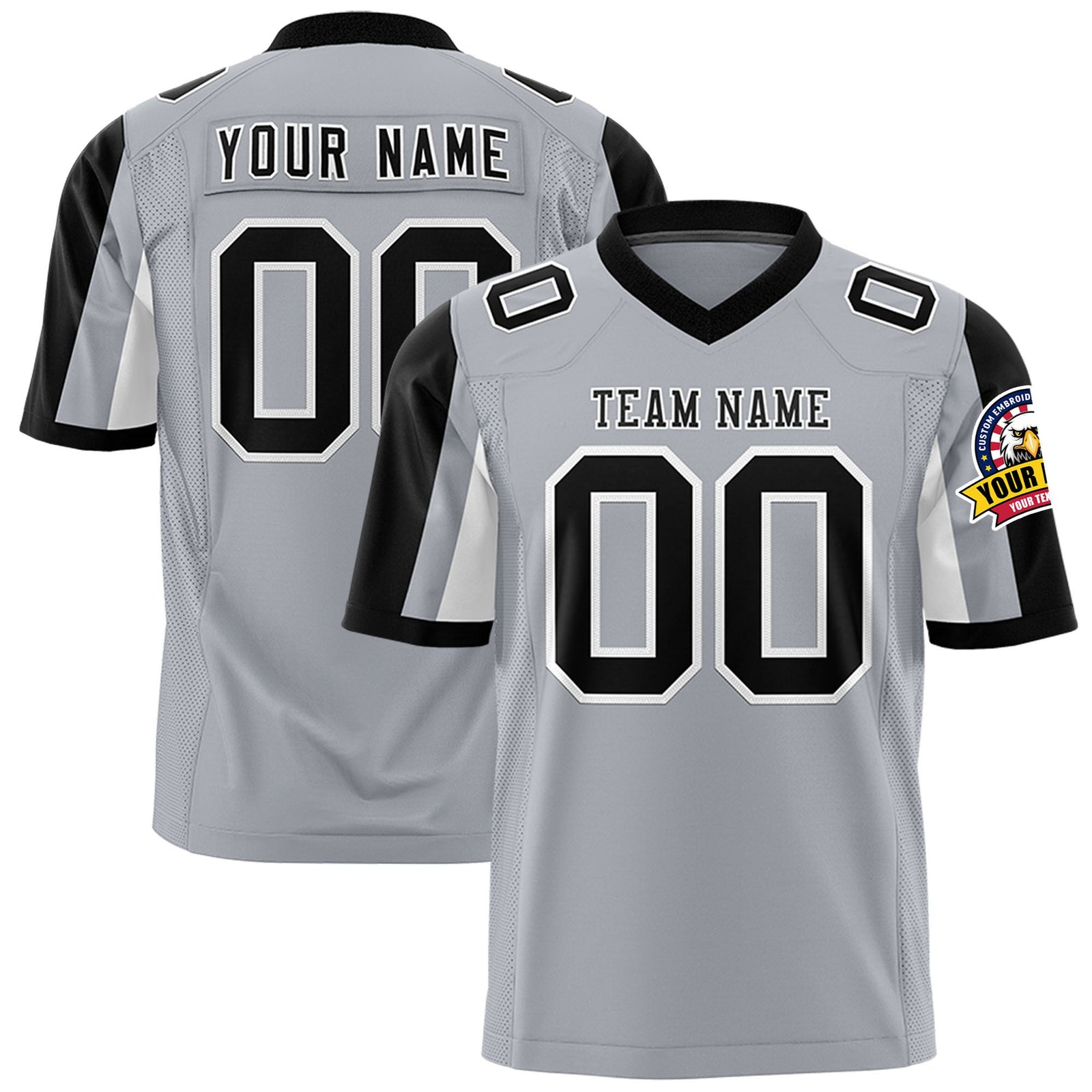 Custom Gray Black-White Color Block Personalized Raglan Sleeves Authentic Football Jersey