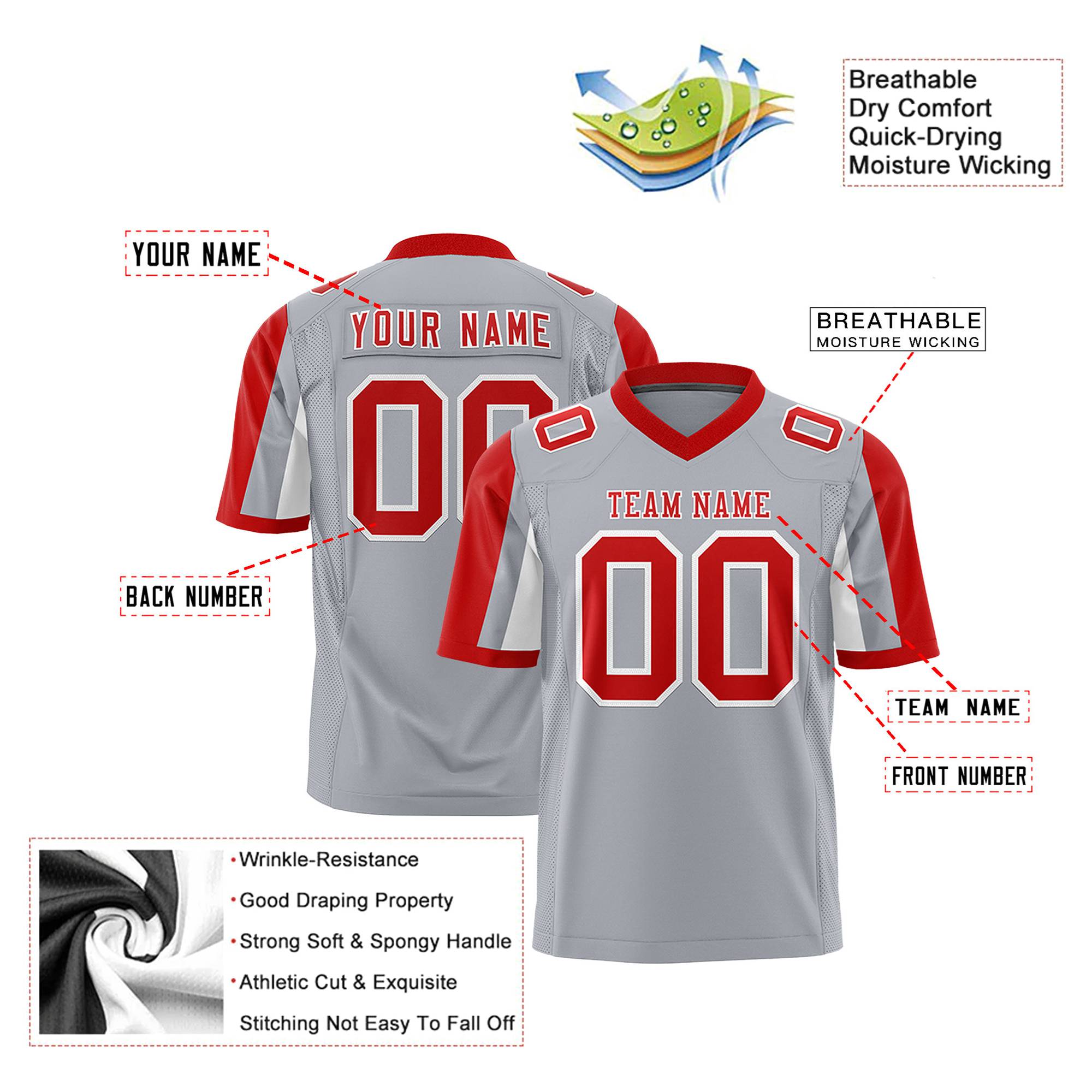 Custom Gray Red-White Color Block Personalized Raglan Sleeves Authentic Football Jersey