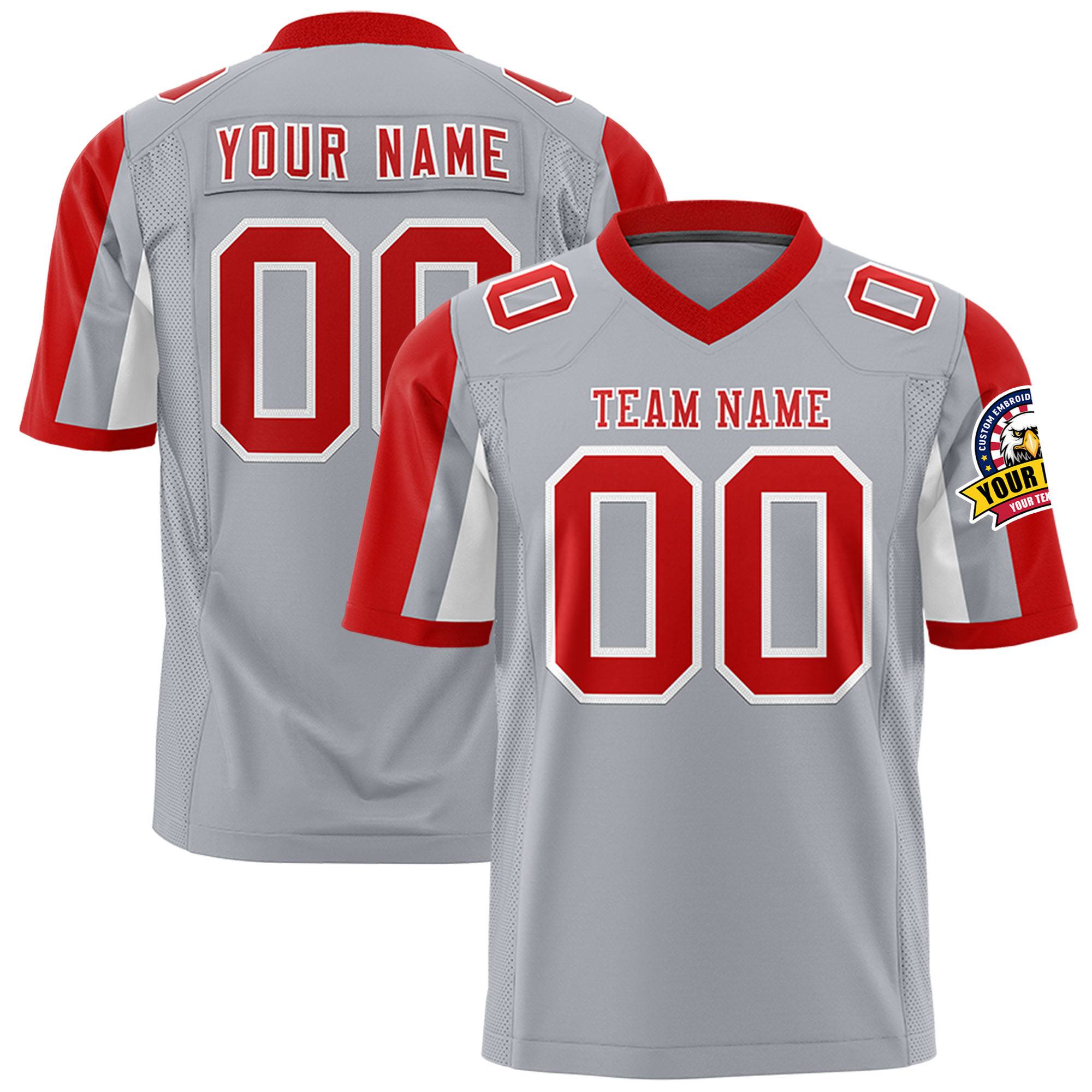 Custom Gray Red-White Color Block Personalized Raglan Sleeves Authentic Football Jersey