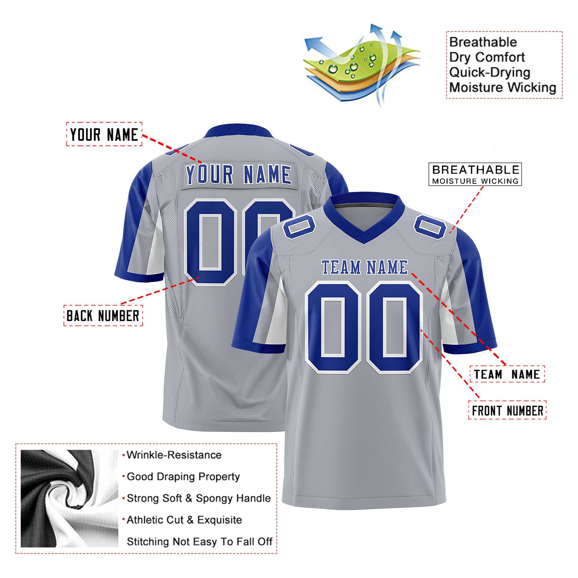 Custom Gray Royal Blue-White Color Block Personalized Raglan Sleeves Authentic Football Jersey