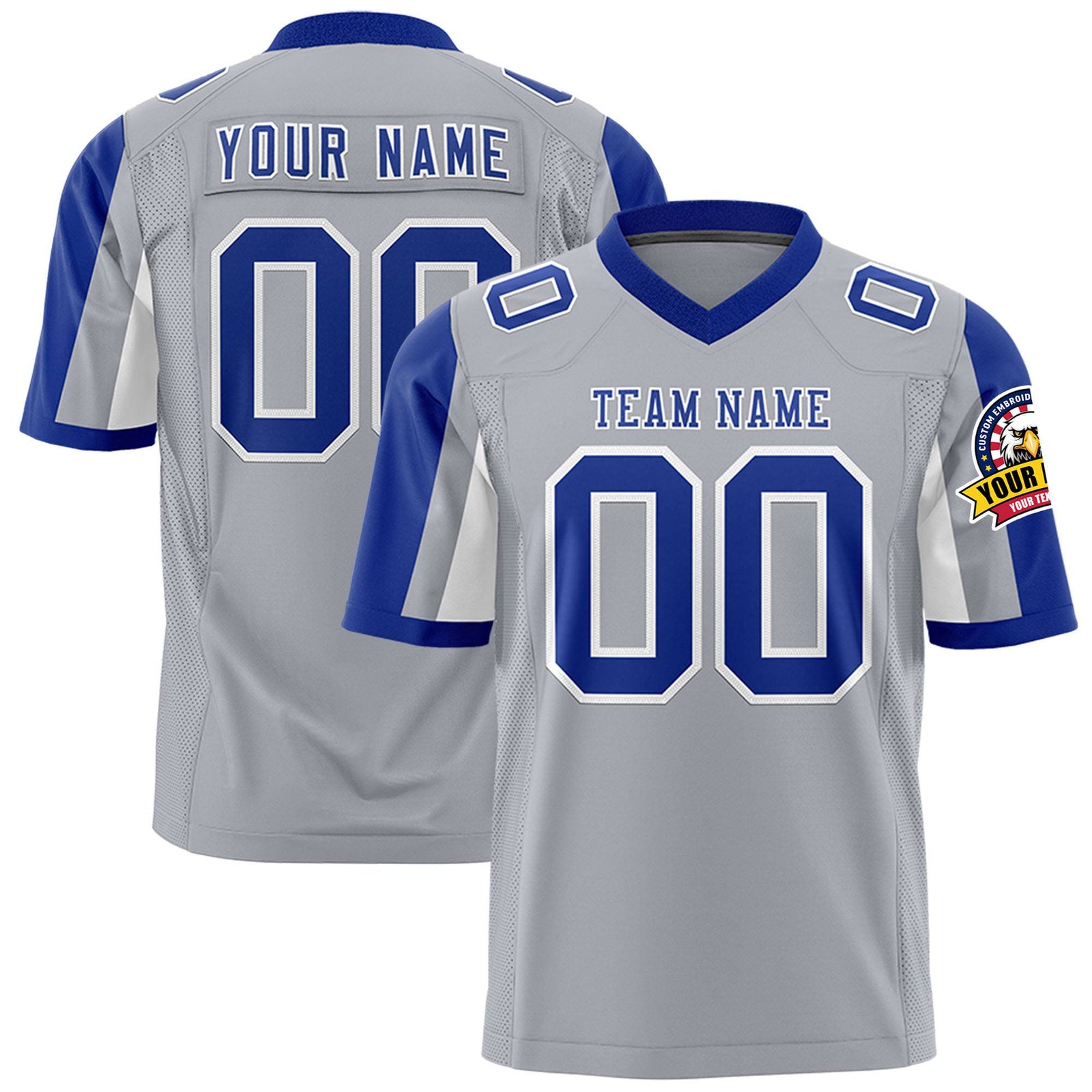 Custom Gray Royal Blue-White Color Block Personalized Raglan Sleeves Authentic Football Jersey