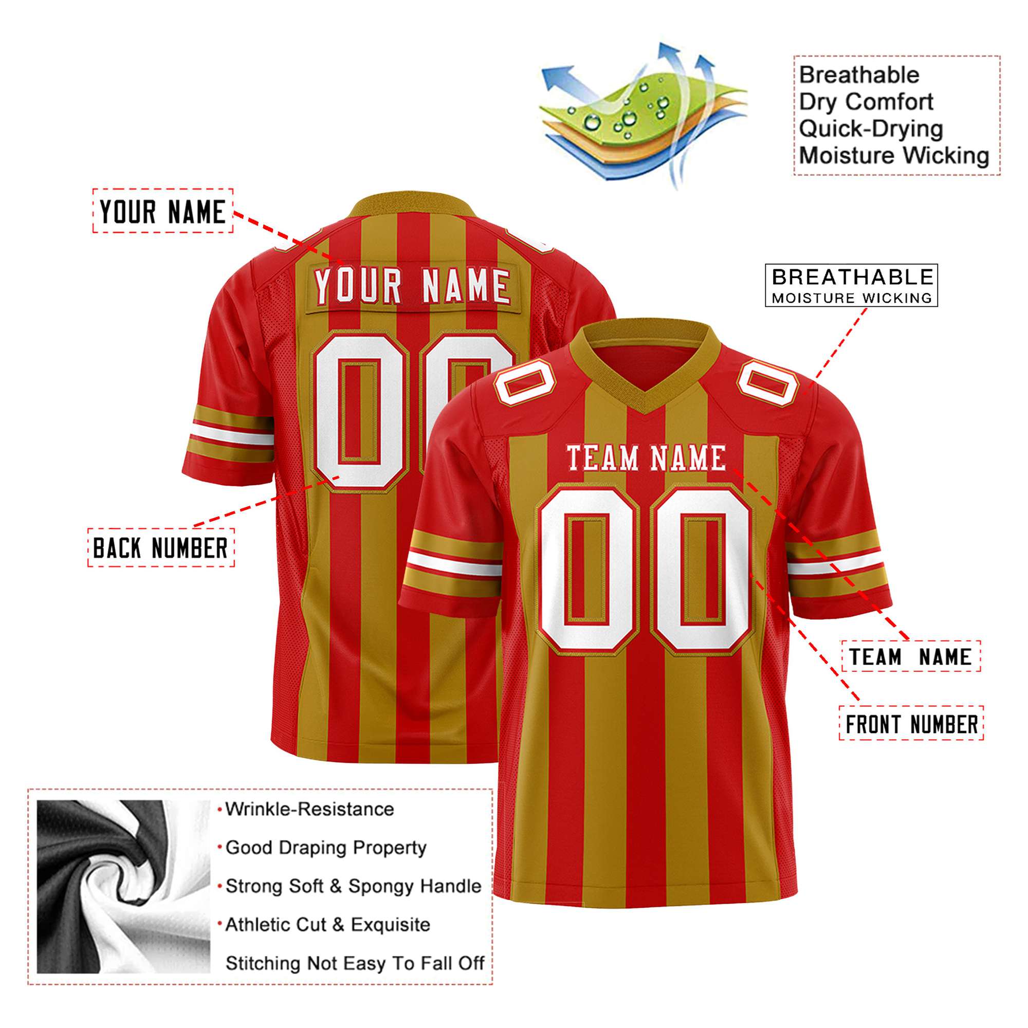 Custom Red Gold White Mesh Stripe Football Jersey