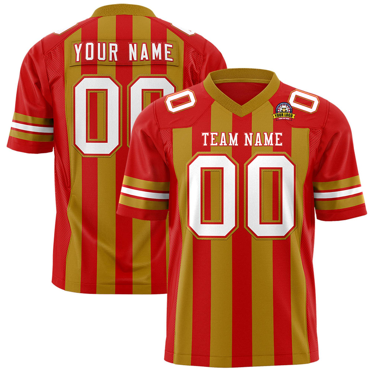 Custom Red Gold White Mesh Stripe Football Jersey