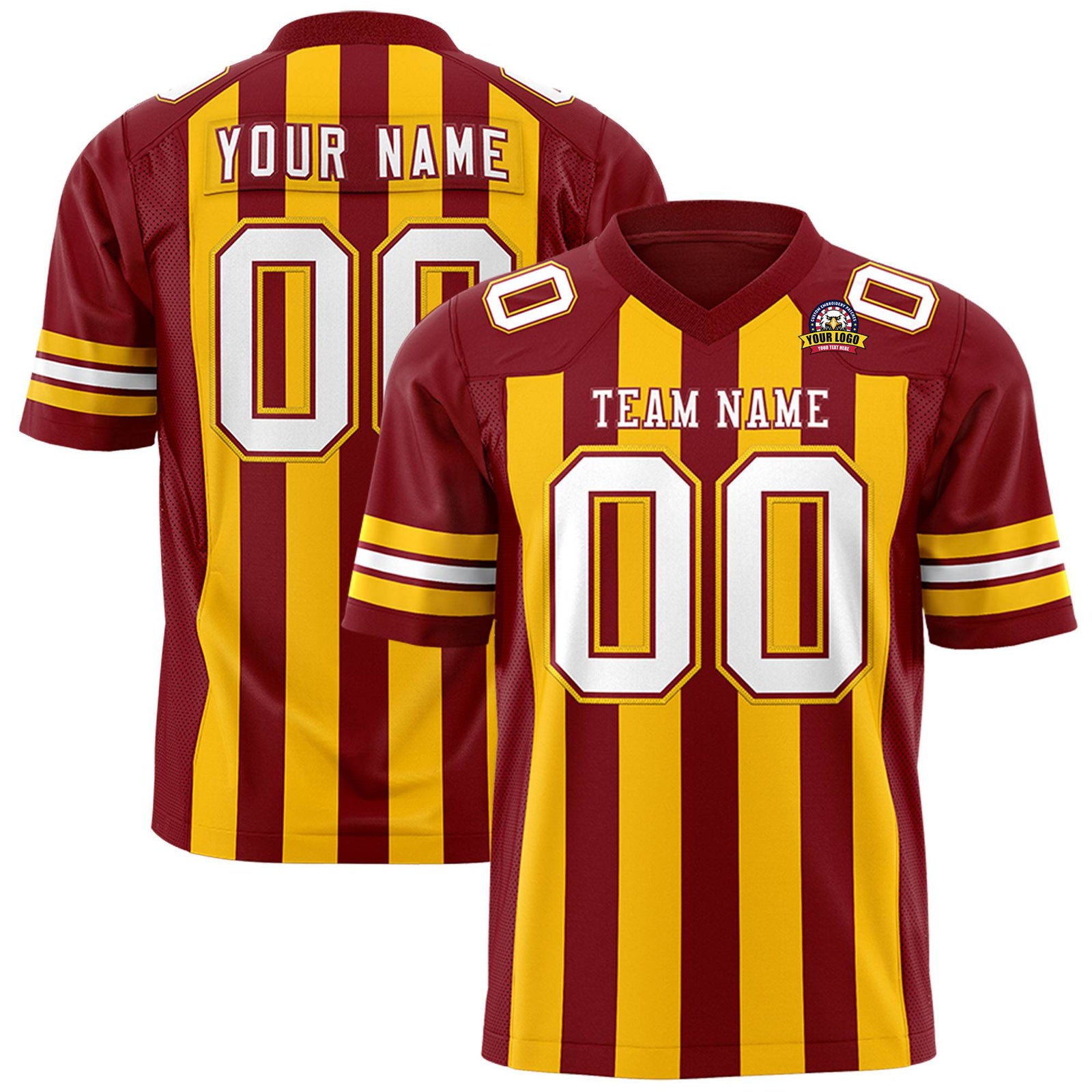 Custom Crimson Gold-White Mesh Stripe Football Jersey