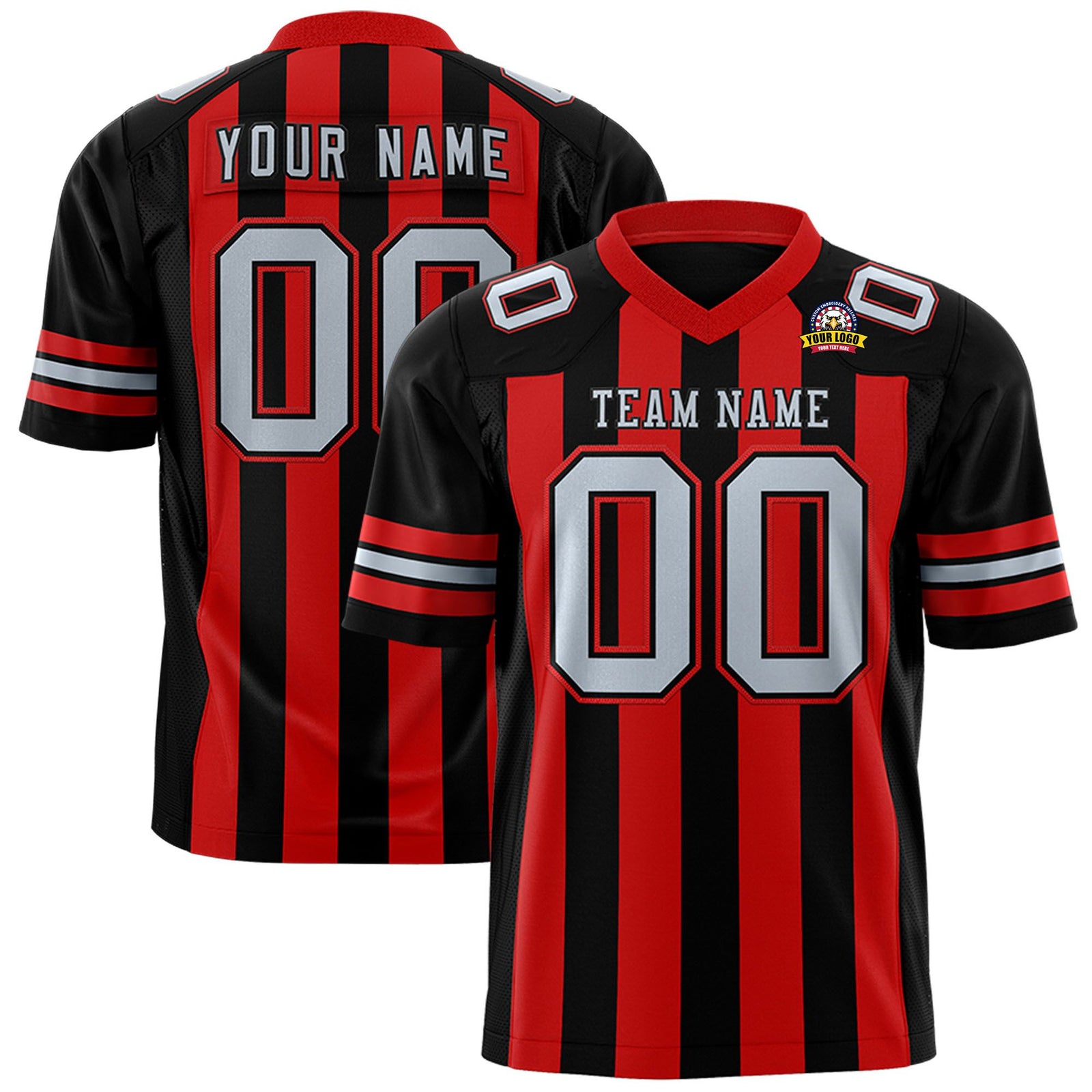 Custom Black Red-Gray Mesh Stripe Football Jersey